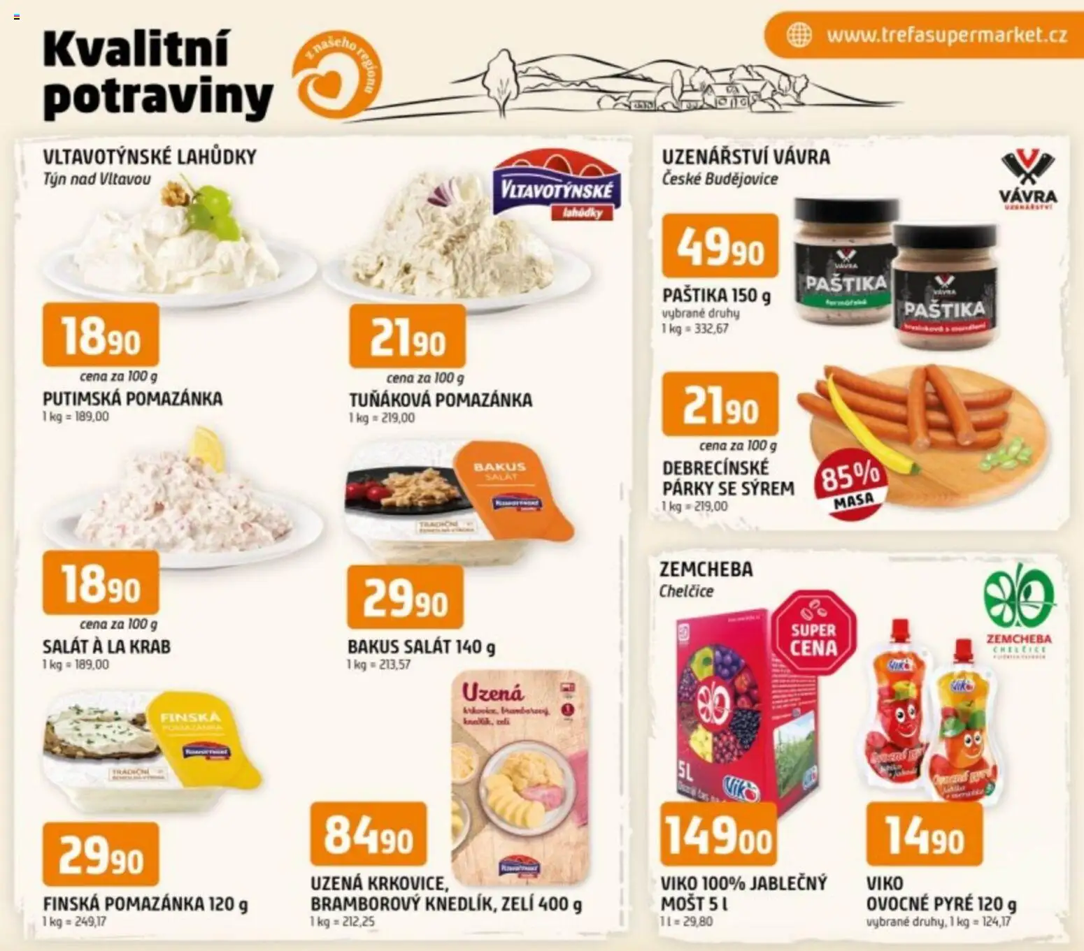 Náhled nabídky: Trefa Leták - Kvalitní potraviny z našeho regionu platný od 04.02.2026 - Potraviny, Tuňáková pomazánka, Salát, Zelí, Pomazánka, Párky, Paštika, Mošt