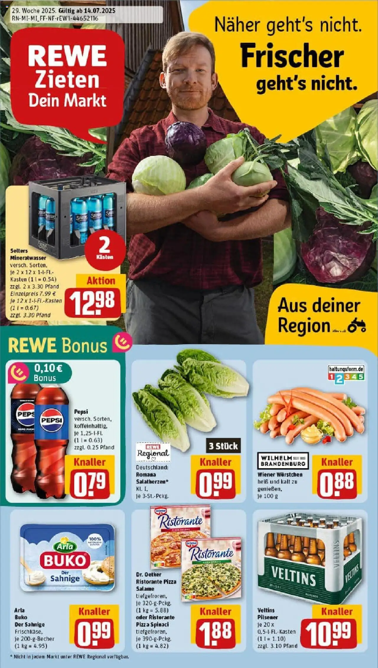 REWE Prospekt ab 13.07.2025 nächste Woche - Prospekt Dillenburg / Frohnhausen - Pizza, Mineralwasser, Ristorante, Veltins, Pepsi, Arla buko, Wiener wurstchen