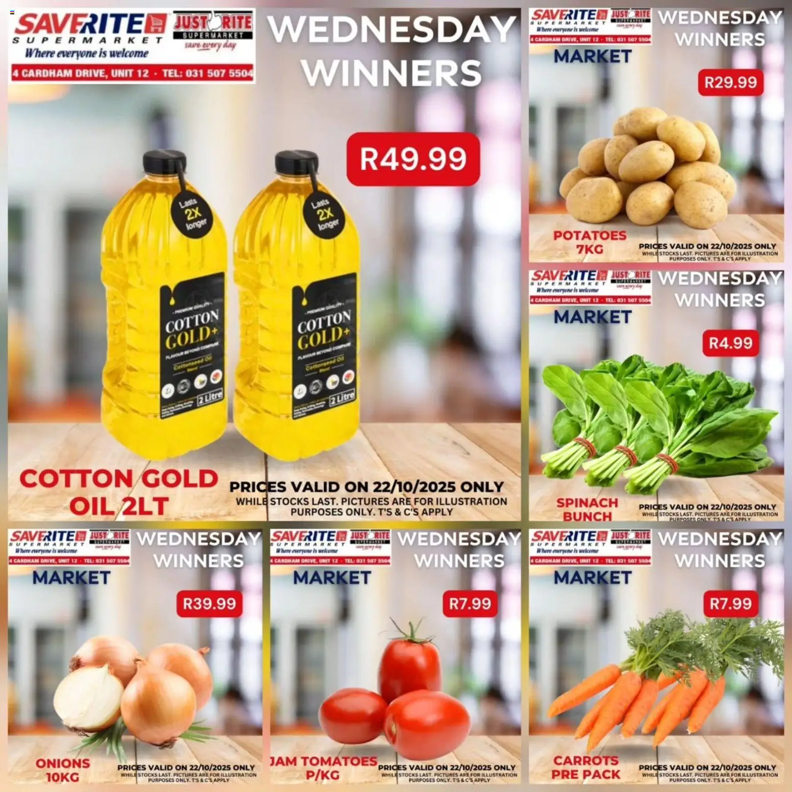 Saverite Wednesday Winners from 22/10 - 22/10/2025 > Promotions - Jam, Oil, Potatoes, Tomatoes, Carrots, Onions
