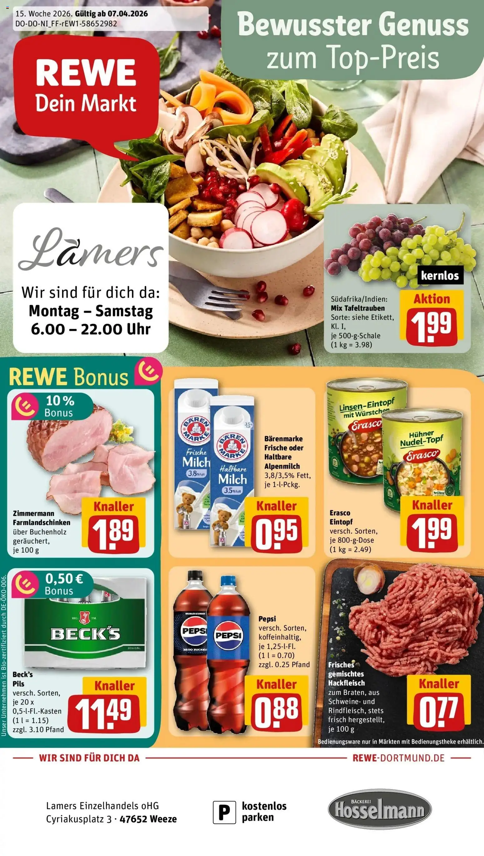 Vorschau von dem Prospekt des Geschäftes Rewe, gültig ab dem 05.04.2026 - Bäckerei, Uhr, Milch, Hackfleisch, Zucker, Pepsi, Pils, Erasco