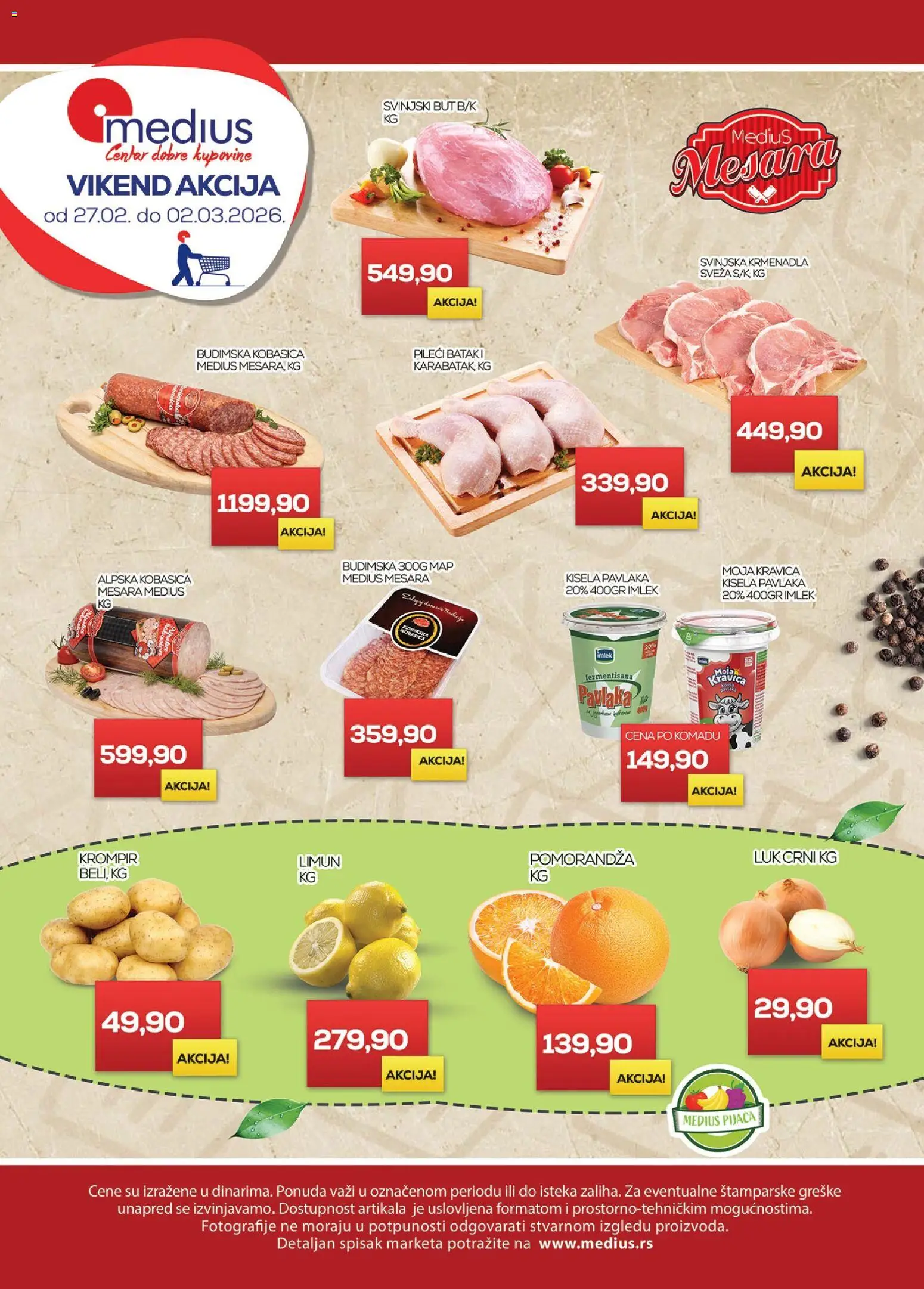 Pregled Medius kataloga - važi od 27.02.2026 - Krompir, Pavlaka, Luk, Pomorandza, Kobasica, Krmenadla, Budimska kobasica, Svinjska krmenadla