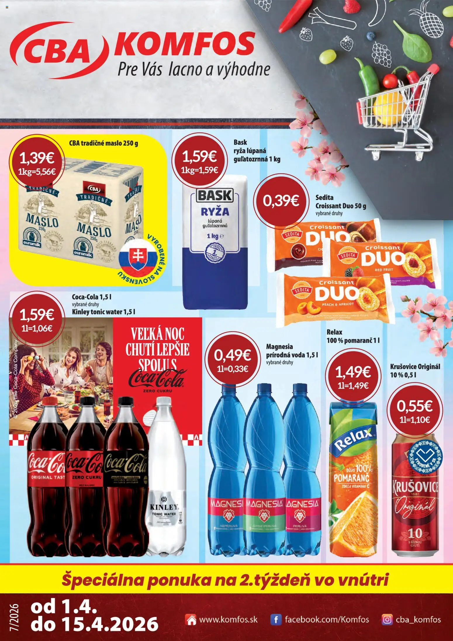 Náhľad CBA Komfos letáku platného od 01.04.2026 - Voda, Croissant, Ryža, Tonic, Krušovice, Džús, Magnesia, Maslo 250 g