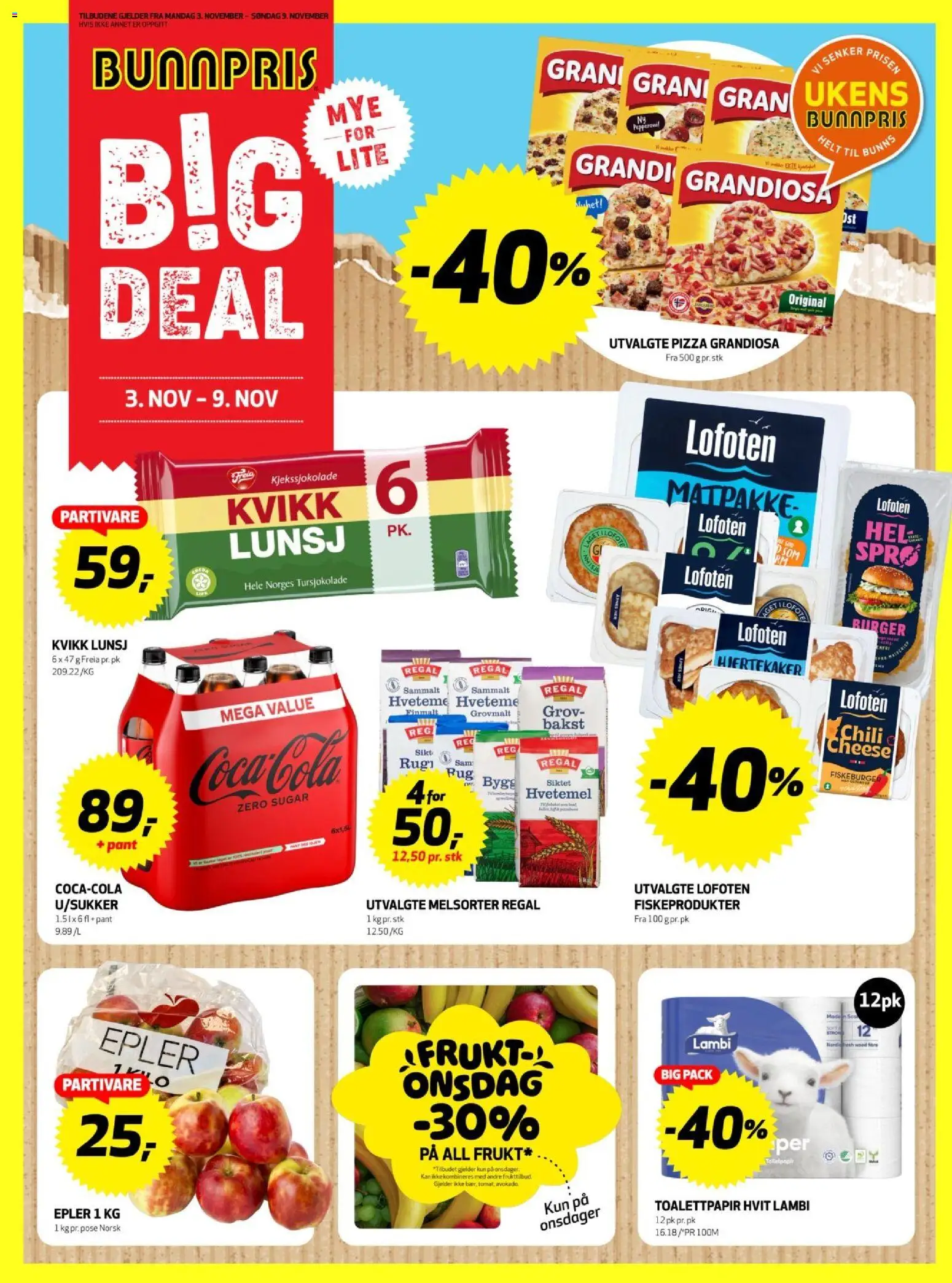 Forhåndsvis Kundeavis Oslo fra butikk Bunnpris gyldig fra 03/11/2025 - Chili, Hvetemel, Toalettpapir, Pizza, Epler, Pizza grandiosa, Fiskeburger, Kvikk Lunsj