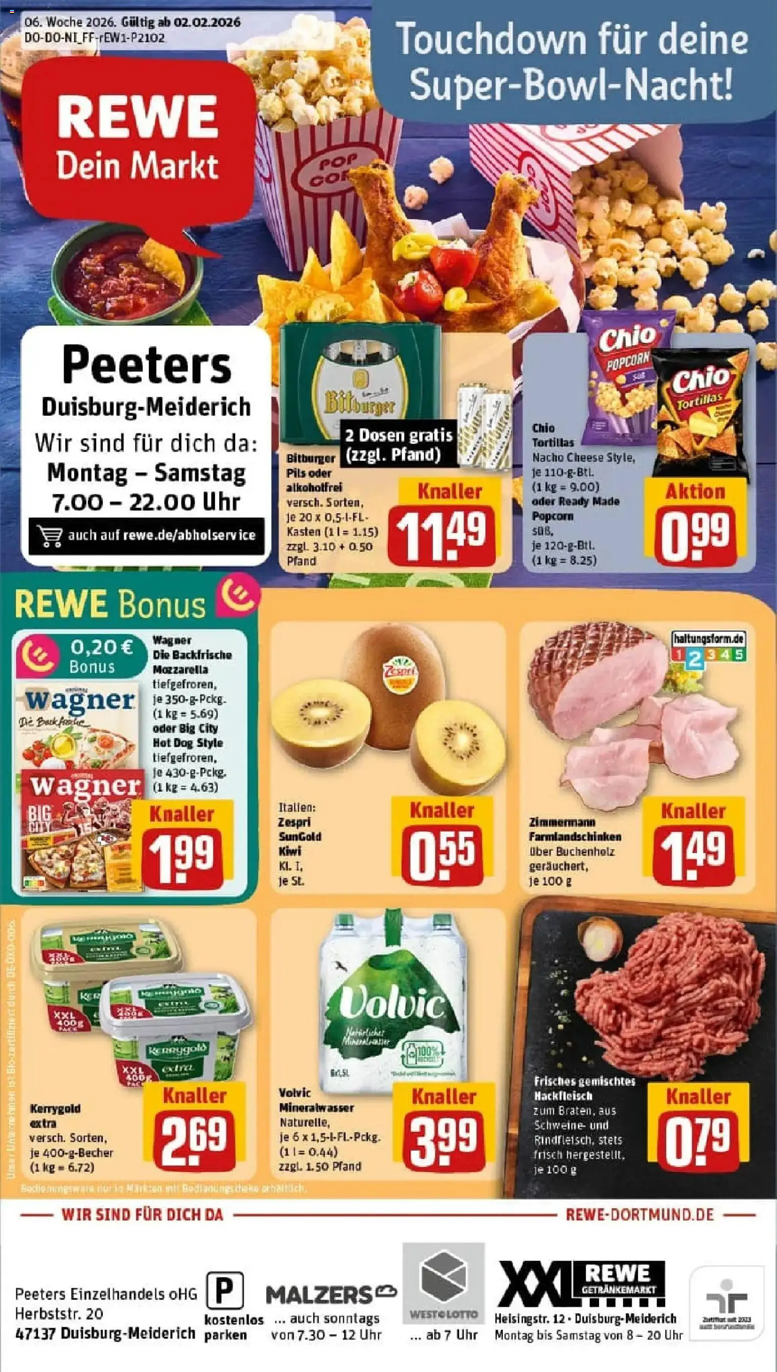 Vorschau von dem Prospekt des Geschäftes Rewe, gültig ab dem 02.02.2026 - Pizza, Uhr, Kiwi, Tortillas, Mozzarella, Hackfleisch, Popcorn, Volvic