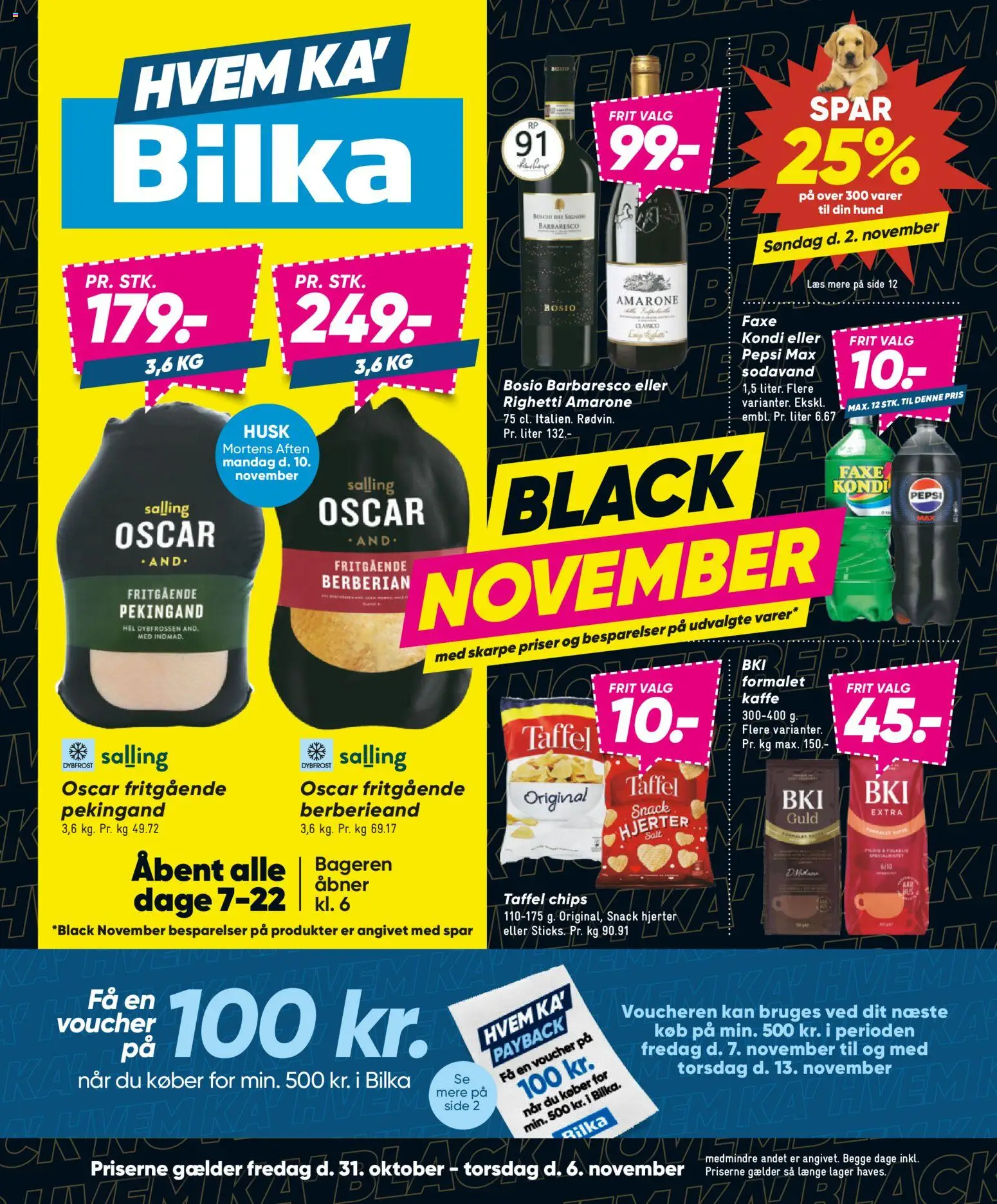 Eksempel på tilbudsavis Black Friday fra butik Bilka gyldig fra 31/10/2025 - Kaffe, Faxe Kondi, Chips, Sodavand, Pepsi Max, Salt, Pepsi, Pekingand