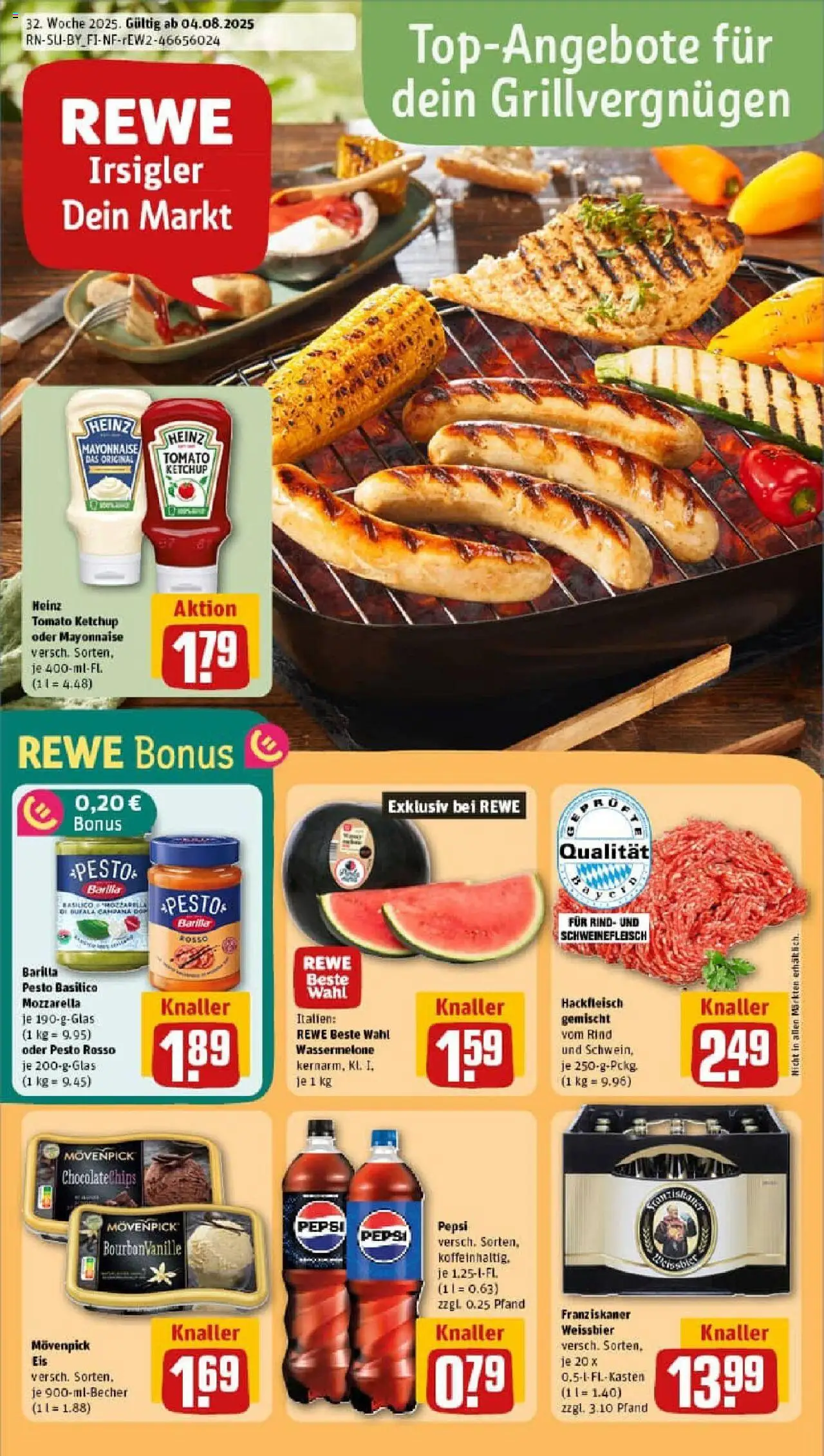 REWE Prospekt ab 03.08.2025 nächste Woche - Prospekt Altötting - Eis, Chips, Mozzarella, Wassermelone, Pepsi, Barilla pesto, Franziskaner, Schweinefleisch