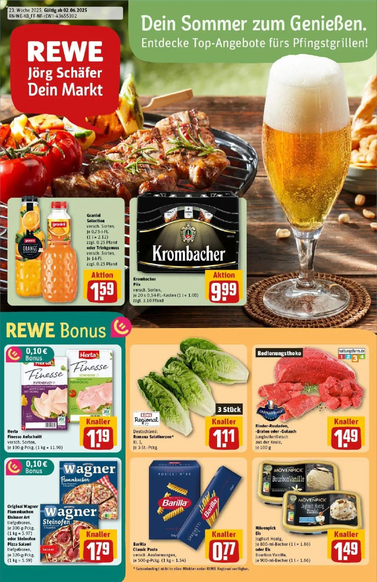 REWE Prospekt ab 01.06.2025 nächste Woche - Prospekt Grafschaft / Ringen - Pizza, Gulasch, Joghurt, Krombacher, Salami, Movenpick eis, Putenbrust, Granini