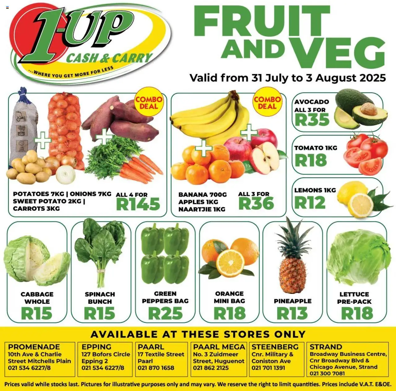 1UP Cash & Carry Fruit & Veg Specials from 31/07 - 03/08/2025 > Promotions - Apples, Bag, Fruit, Avocado, Pineapple, Lemons, Carrots, Lettuce
