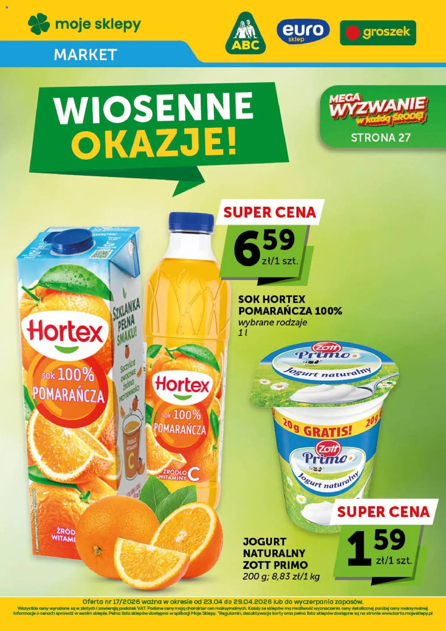 Pogląd gazetki "Euro Sklep gazetka - Market" ze sklepu Euro Sklep ważnej od 23.04.2026 - Groszek, Szklanka, Jogurt naturalny, Sok, Jogurt