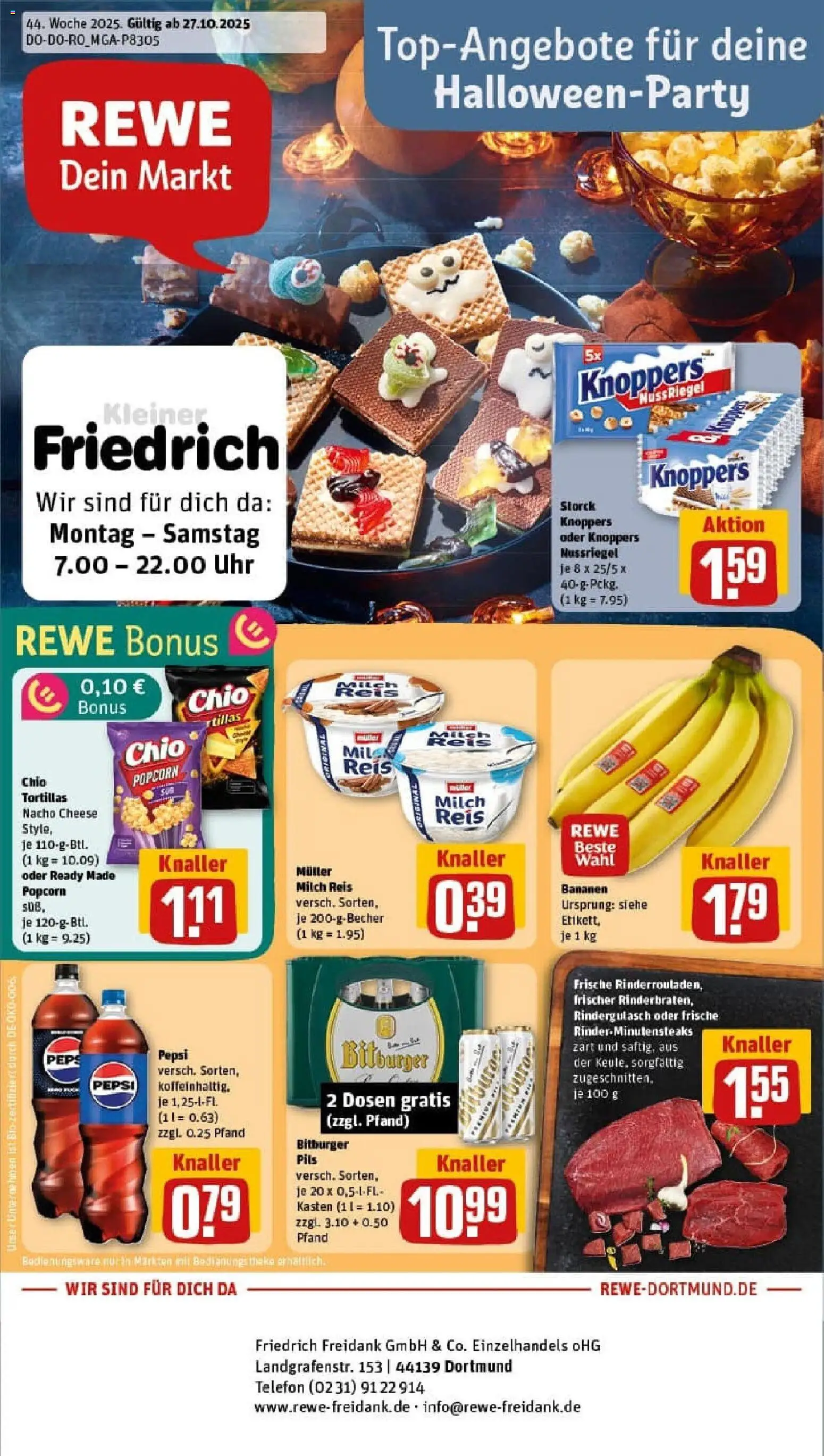 Vorschau von dem Prospekt des Geschäftes Rewe, gültig ab dem 26.10.2025 - Uhr, Telefon, Bananen, Milch, Reis, Popcorn, Pepsi, Chio tortillas