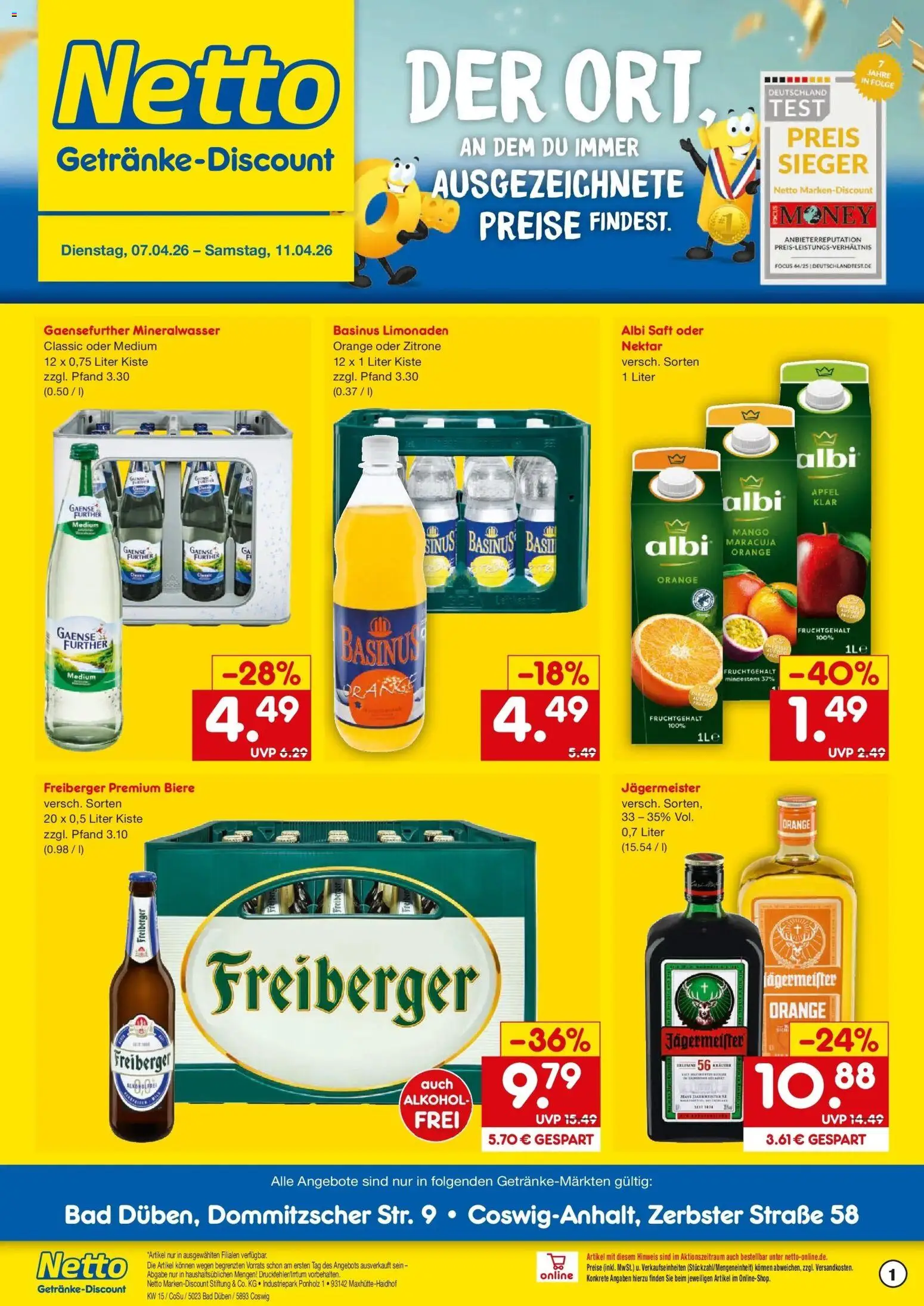 Vorschau von dem Prospekt des Geschäftes Netto Marken-Discount, gültig ab dem 07.04.2026 - Mango, Äpfel, Bad, Jägermeister, Mineralwasser, Alkohol, Zitrone, Saft