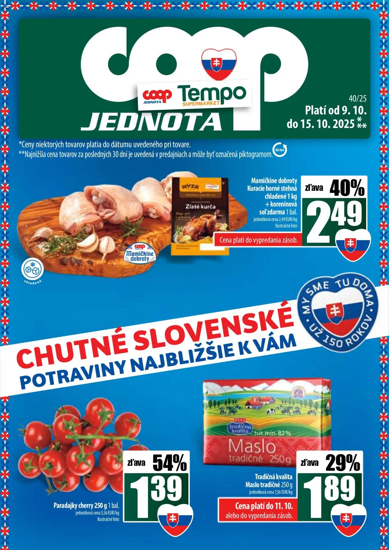 Náhľad COOP Jednota letáku platného od 09.10.2025 - Maslo, Paradajky, Kurča