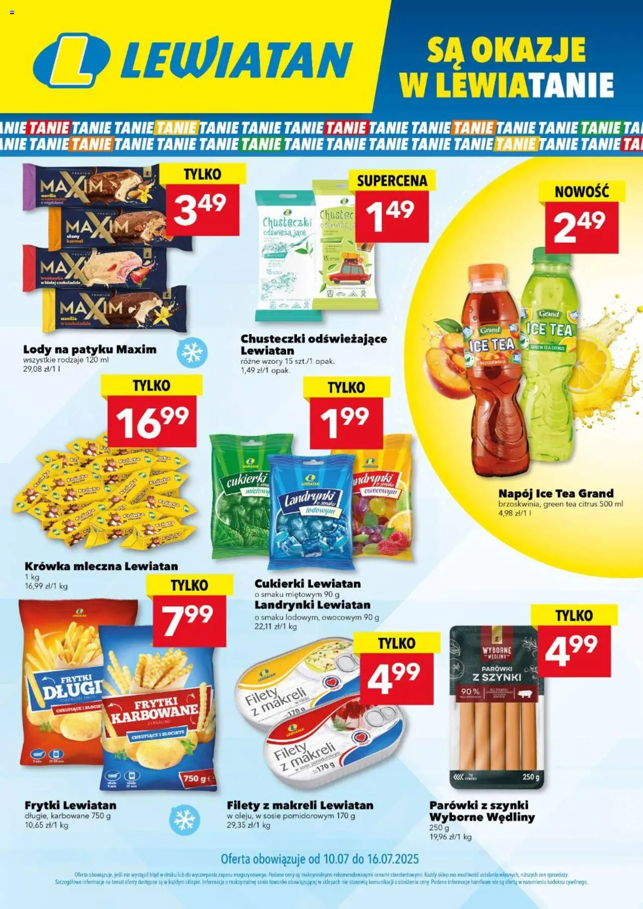 Lewiatan gazetka od 10.07.2025 - Promocje "Są okazje w Lewiatanie" - Numer strony 1 - Lody, Brzoskwinia, Wędliny, Ice Tea, Lody na patyku, Krowka, Parówki z szynki, Filety z makreli w sosie pomidorowym