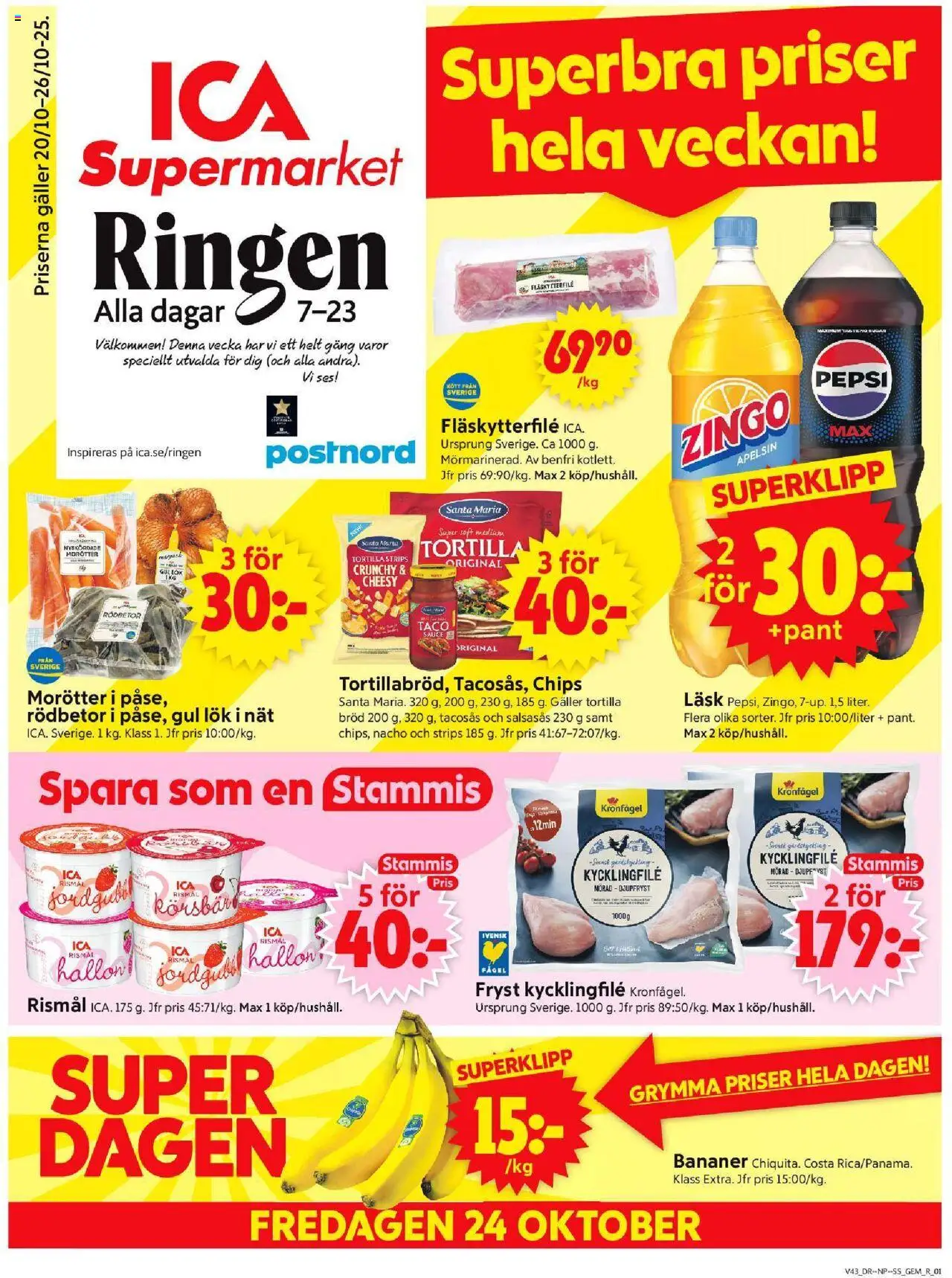 Stockholm är giltig 20/10 2025 > Veckans Erbjudanden gäller från 20/10/2025 till 26/10/2025 sidnummer 1 - Jord, Pepsi, Kycklingfile, Galler, Zingo, Bananer, Gul lök, Fläskytterfilé