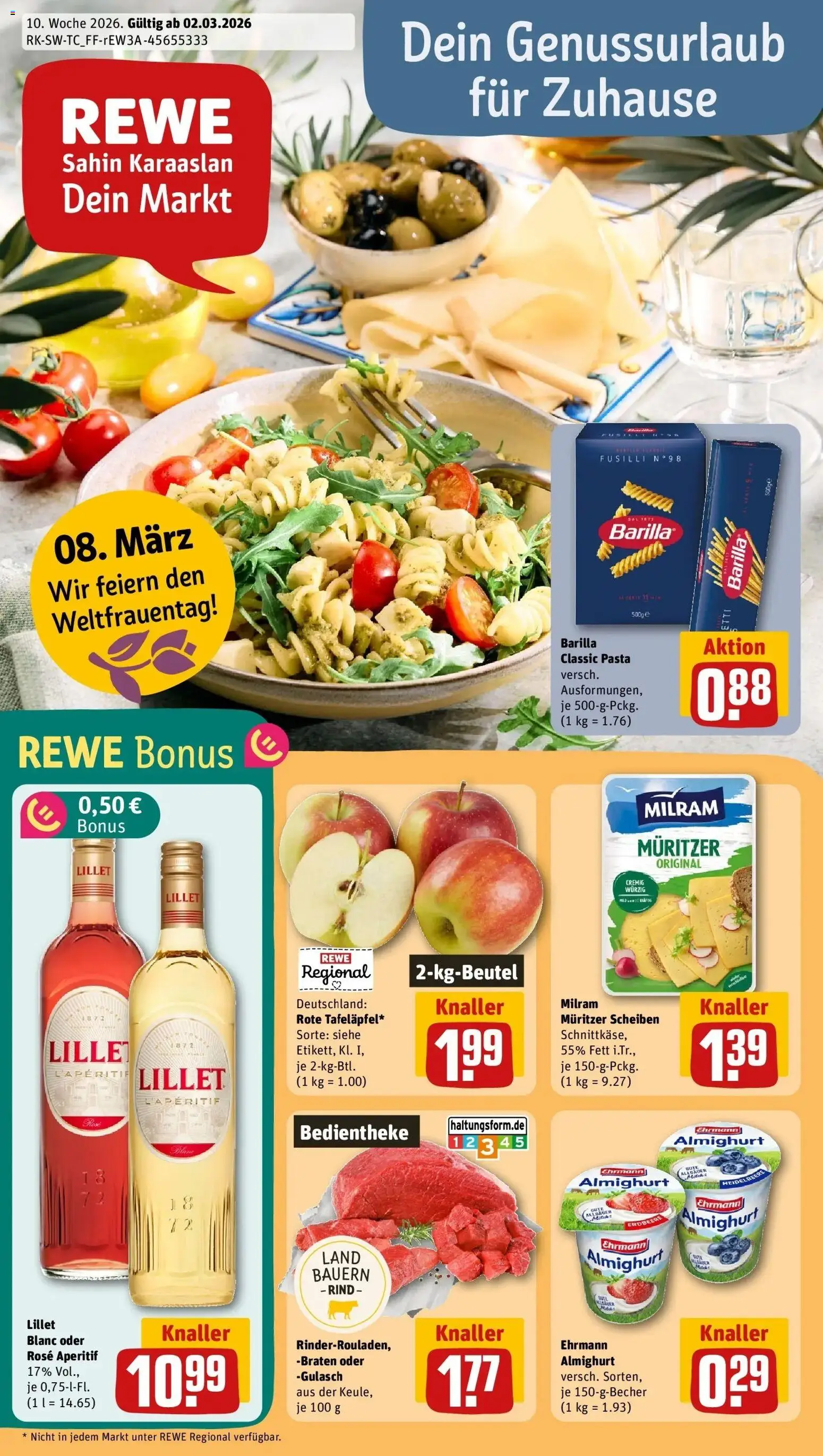 Vorschau von dem Prospekt des Geschäftes Rewe, gültig ab dem 02.03.2026 - Lillet, Pasta, Gulasch, Barilla, Milram, Ehrmann almighurt