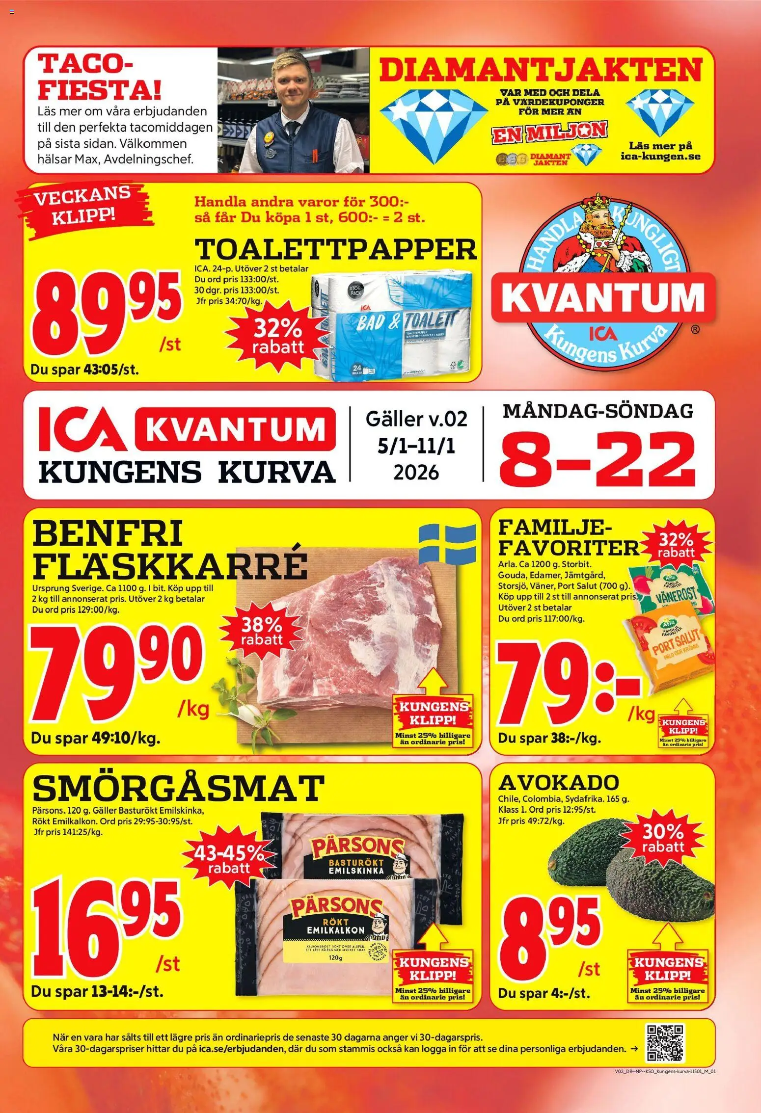 Förhandsgranska reklamblad Kungens Kurva från butik ICA Kvantum gäller från 05/01/2026 - Toalett, Avokado, Toalettpapper, Galler, Fläskkarré