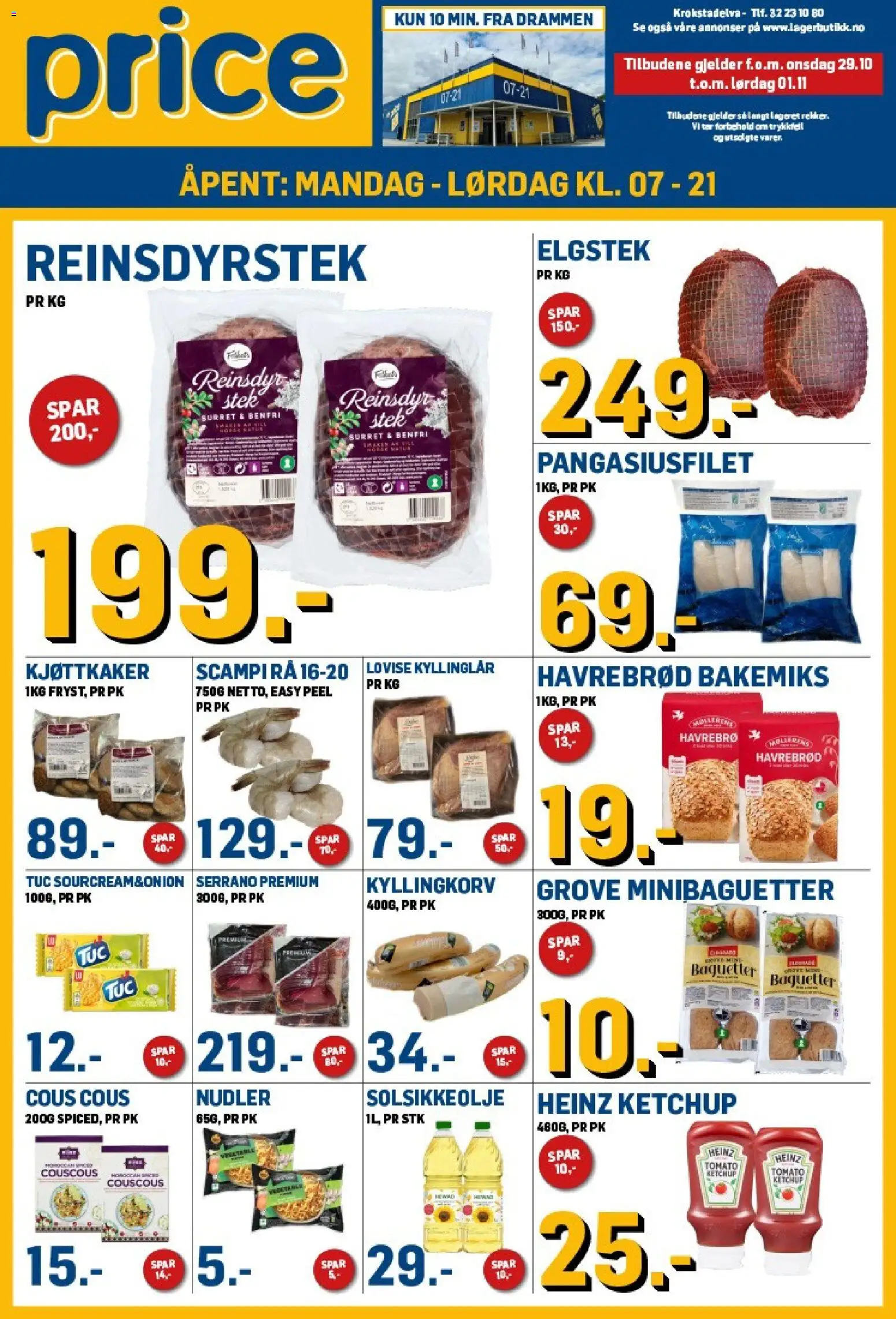 Forhåndsvis Kundeavis fra butikk Price Lagerbutikk gyldig fra 29/10/2025 - Nudler, Minibaguetter, Couscous, Kyllinglår, Solsikkeolje, Kjøttkaker, Havrebrød, Baguetter