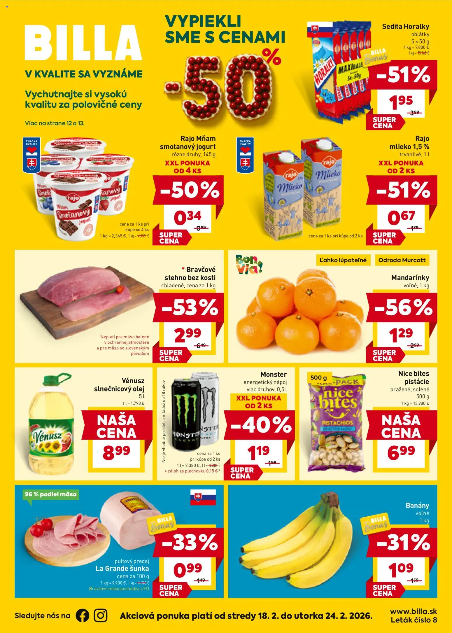 Náhľad Billa letáku platného od 18.02.2026 - Olej, Mlieko, Jogurt, Šunka, Pistácie, Oblátky, Mandarinky, Horálky