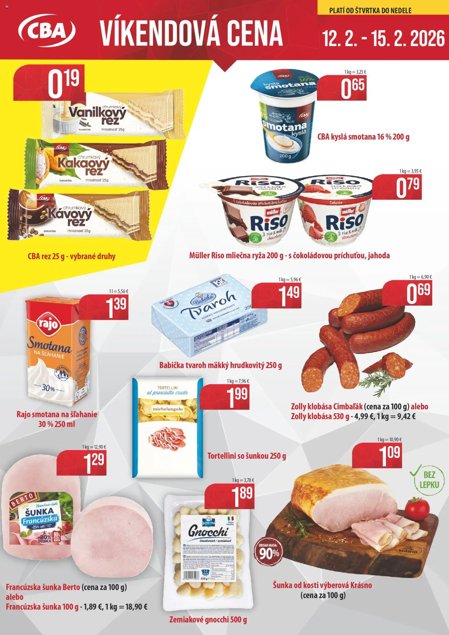 Náhľad CBA Verex letáku platného od 12.02.2026 - Gnocchi, Tvaroh, Ryža, Kyslá smotana, Šunka, Smotana, Mliečna ryža, Prosciutto crudo