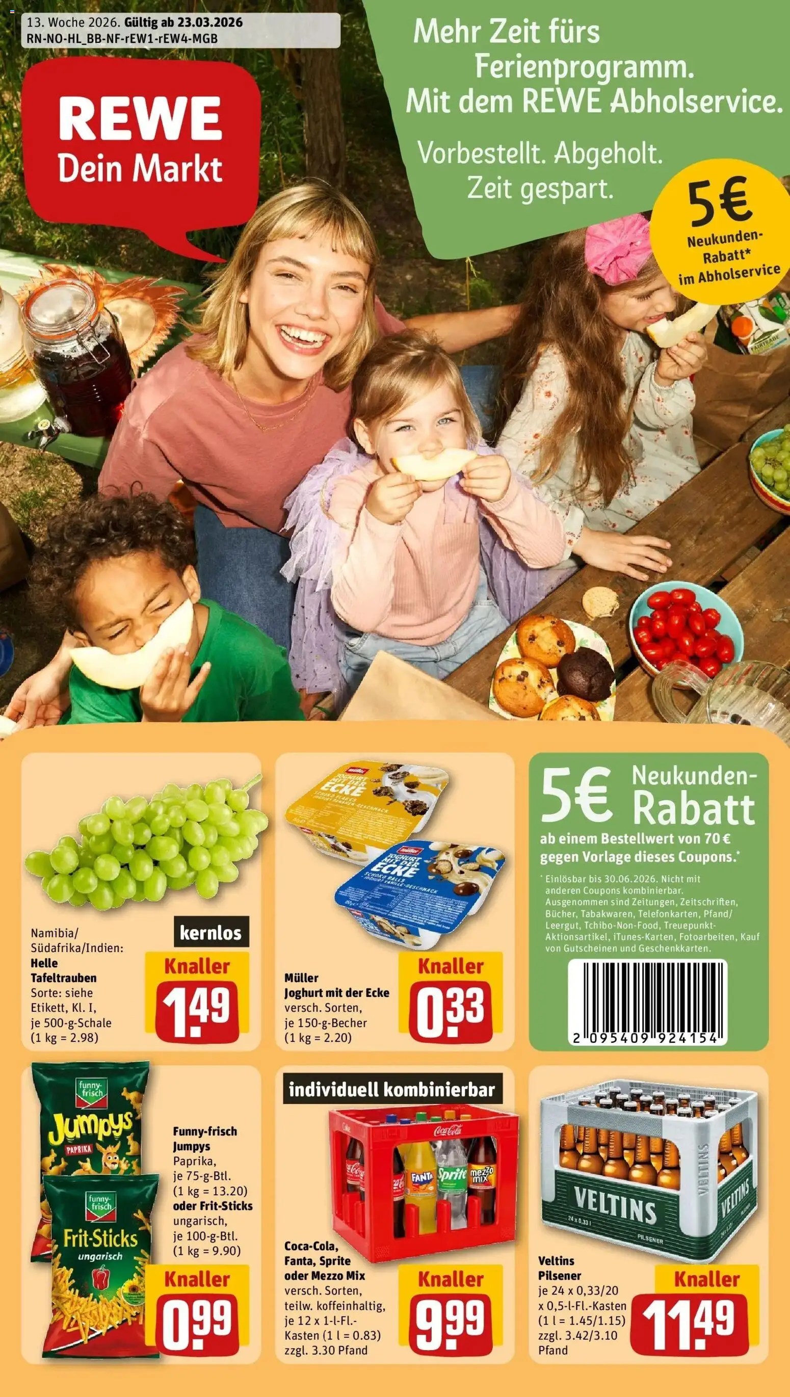 Vorschau von dem Prospekt des Geschäftes Rewe, gültig ab dem 23.03.2026 - Chips, Joghurt, Paprika, Fanta, Veltins, Sprite, Mezzo mix, Oder mezzo mix