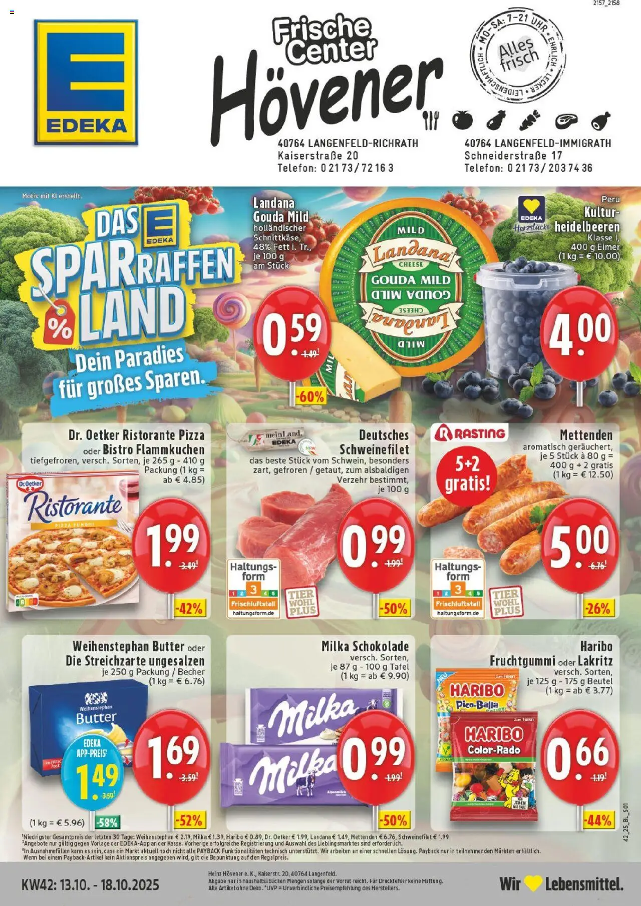 EDEKA Prospekt ab 13.10.2025 - Prospekt Langenfeld - Richrath Online - Pizza, Telefon, Schokolade, Haribo, Milka schokolade, Heidelbeeren, Milka, Ristorante
