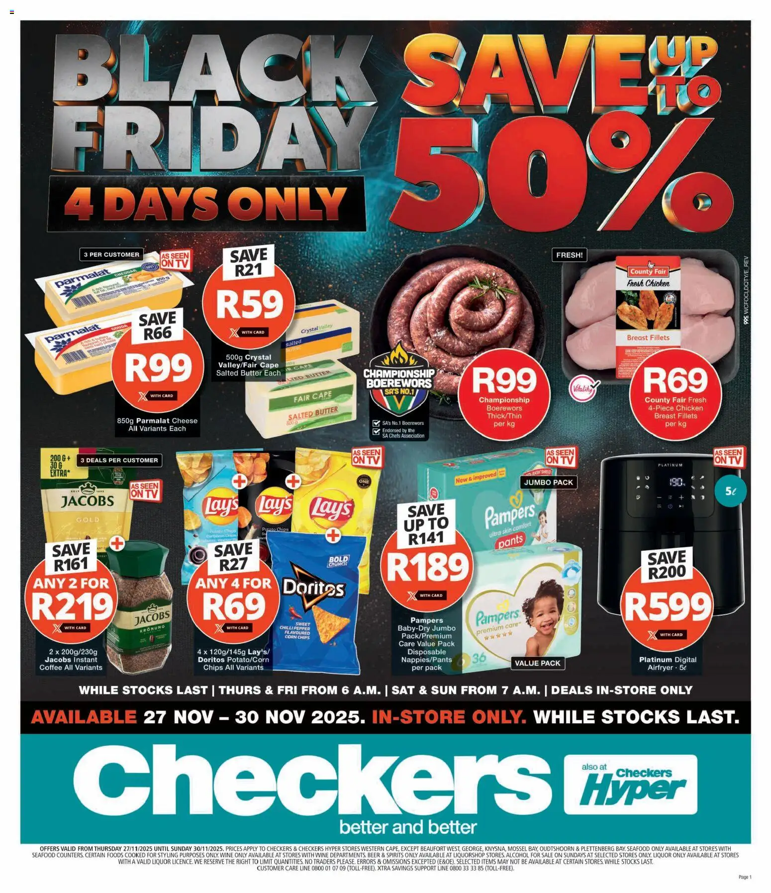 Preview of Checkers flyer valid from 27/11/2025 - Coffee, TV, Alcohol, Chicken, Seafood, Boerewors, Chilli, Cheddar