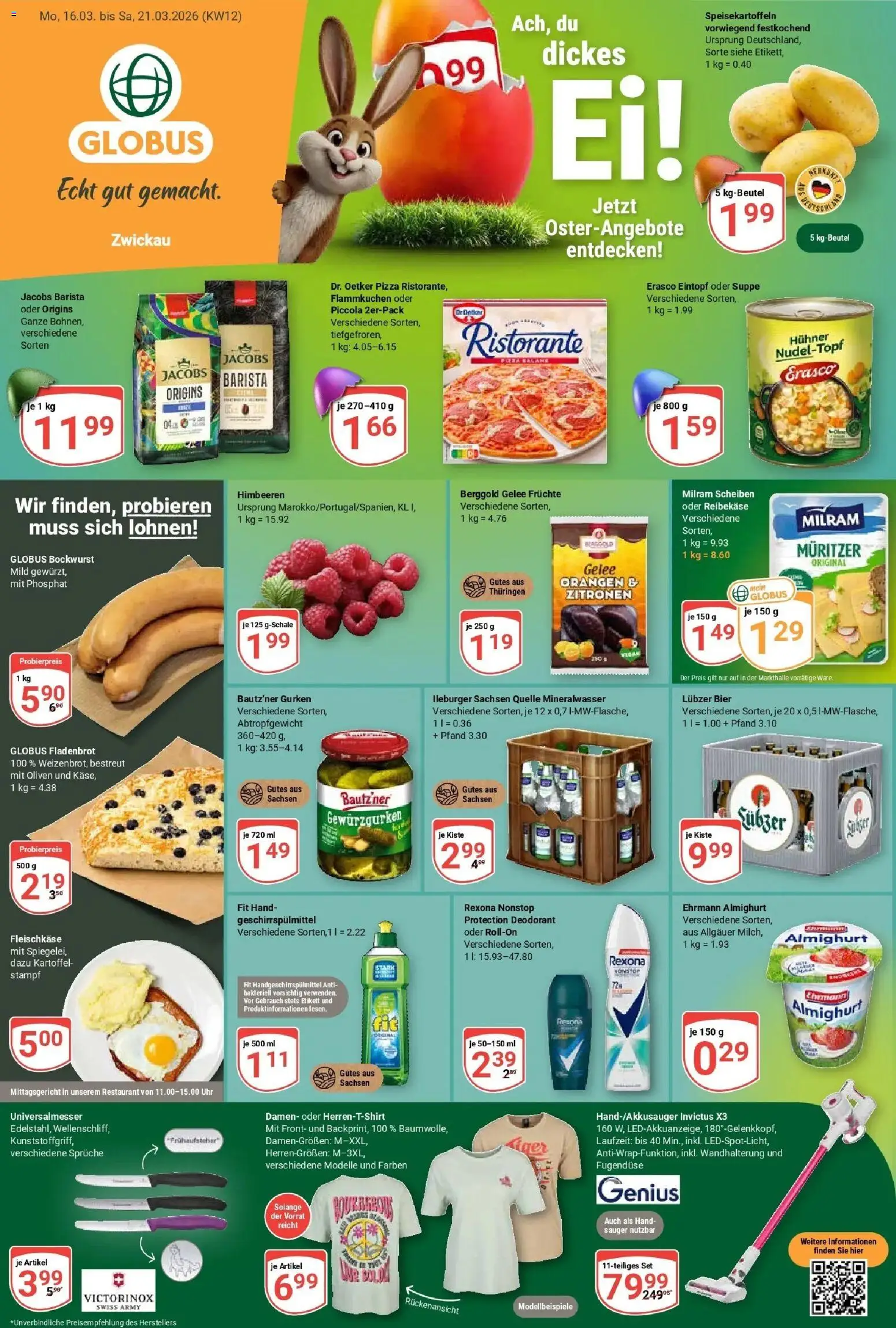 Vorschau von dem Prospekt des Geschäftes Globus, gültig ab dem 15.03.2026 - Uhr, Himbeeren, Zitronen, Orangen, Lubzer, Erasco, Ehrmann almighurt, Reibekase