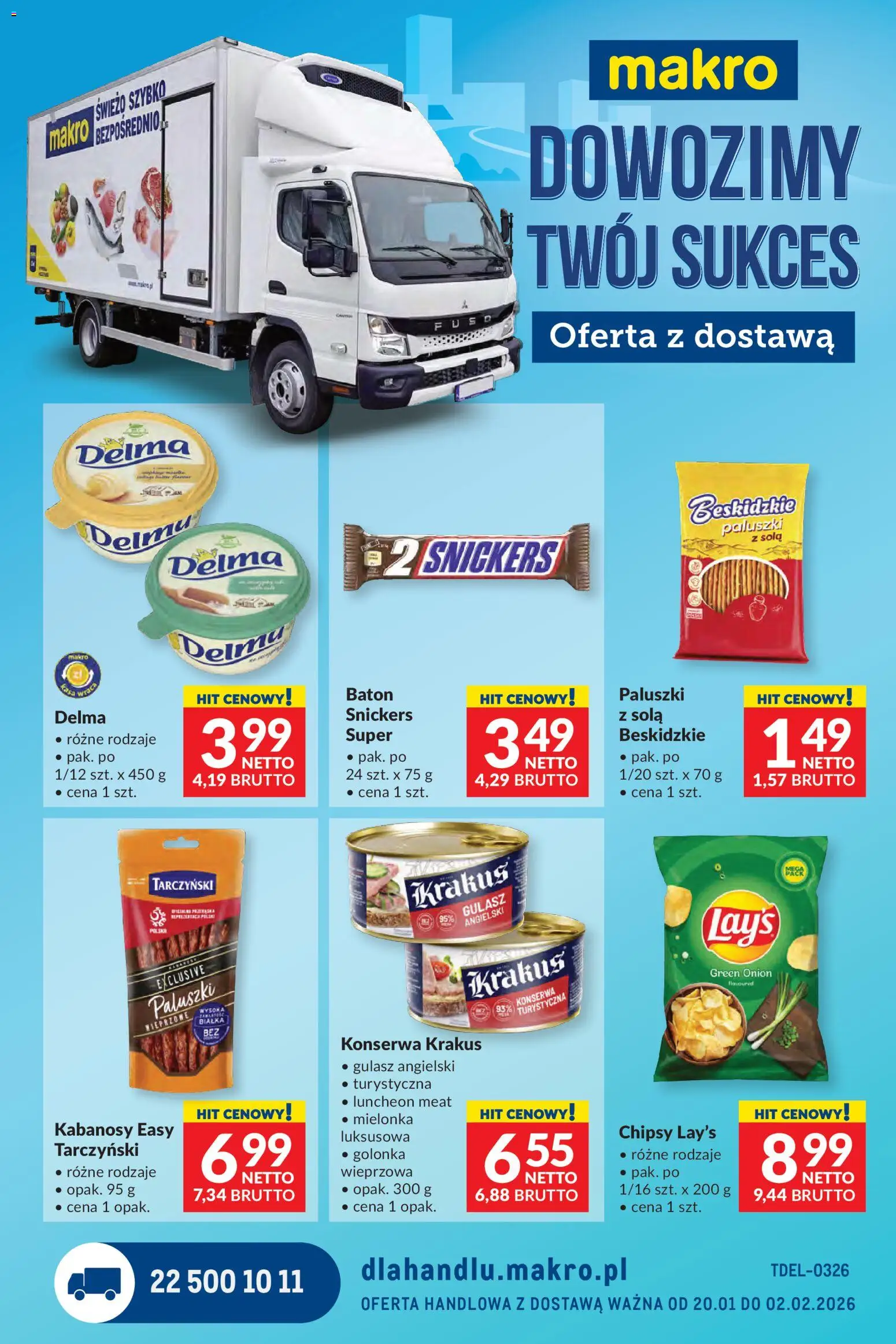 Pogląd gazetki "Dystrybucja do sklepów" ze sklepu Makro ważnej od 20.01.2026 - Gulasz, Chipsy, Snickers, Baton, Paluszki, Kabanosy, Gulasz angielski, Konserwa turystyczna