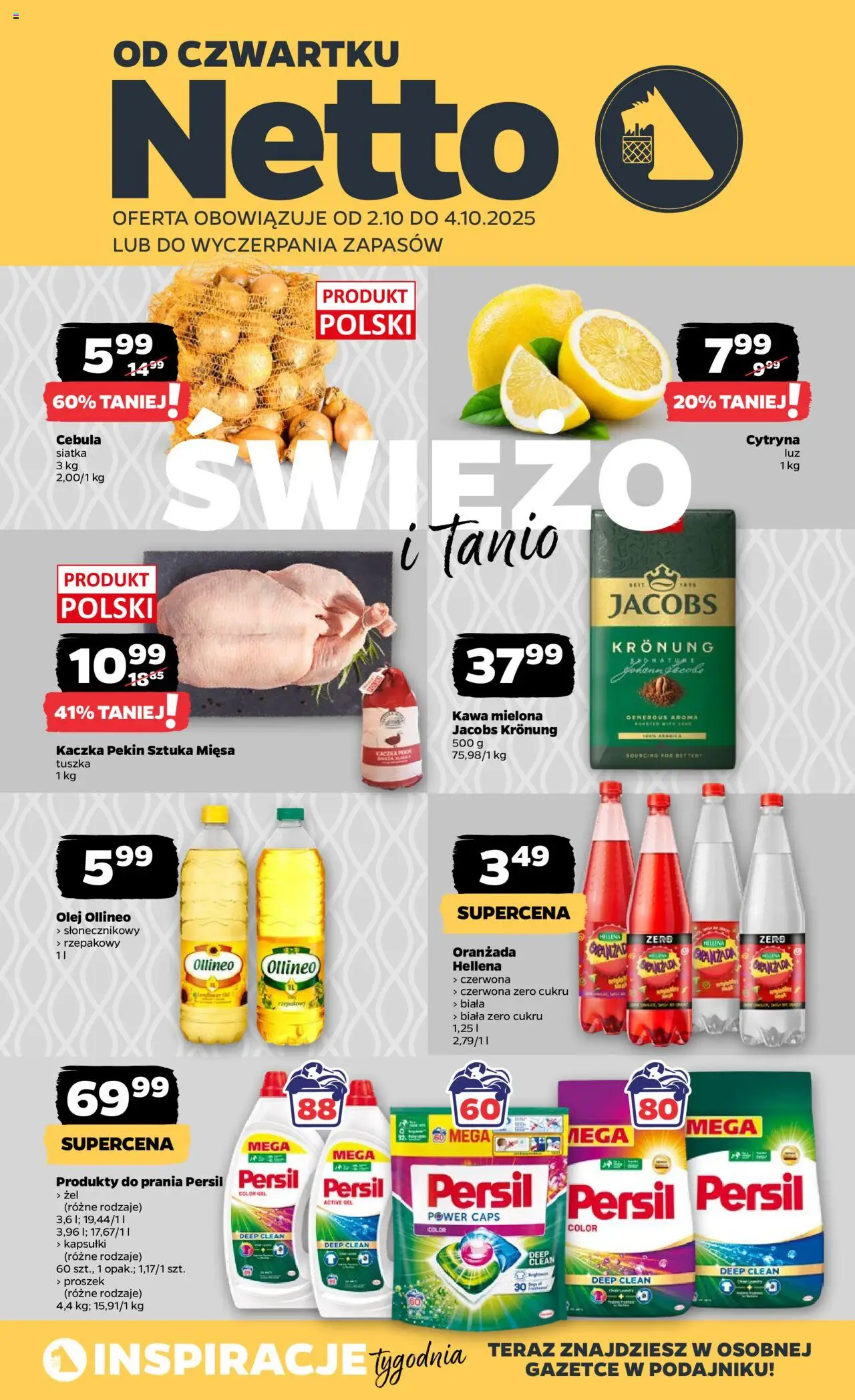 NETTO Gazetka spożywcza od 02.10.2025 - Nowa ulotka (PFD) - Numer strony 1 - Jacobs, Kaczka, Cytryna, Cebula, Oranżada, Persil, Kapsułki, Proszek