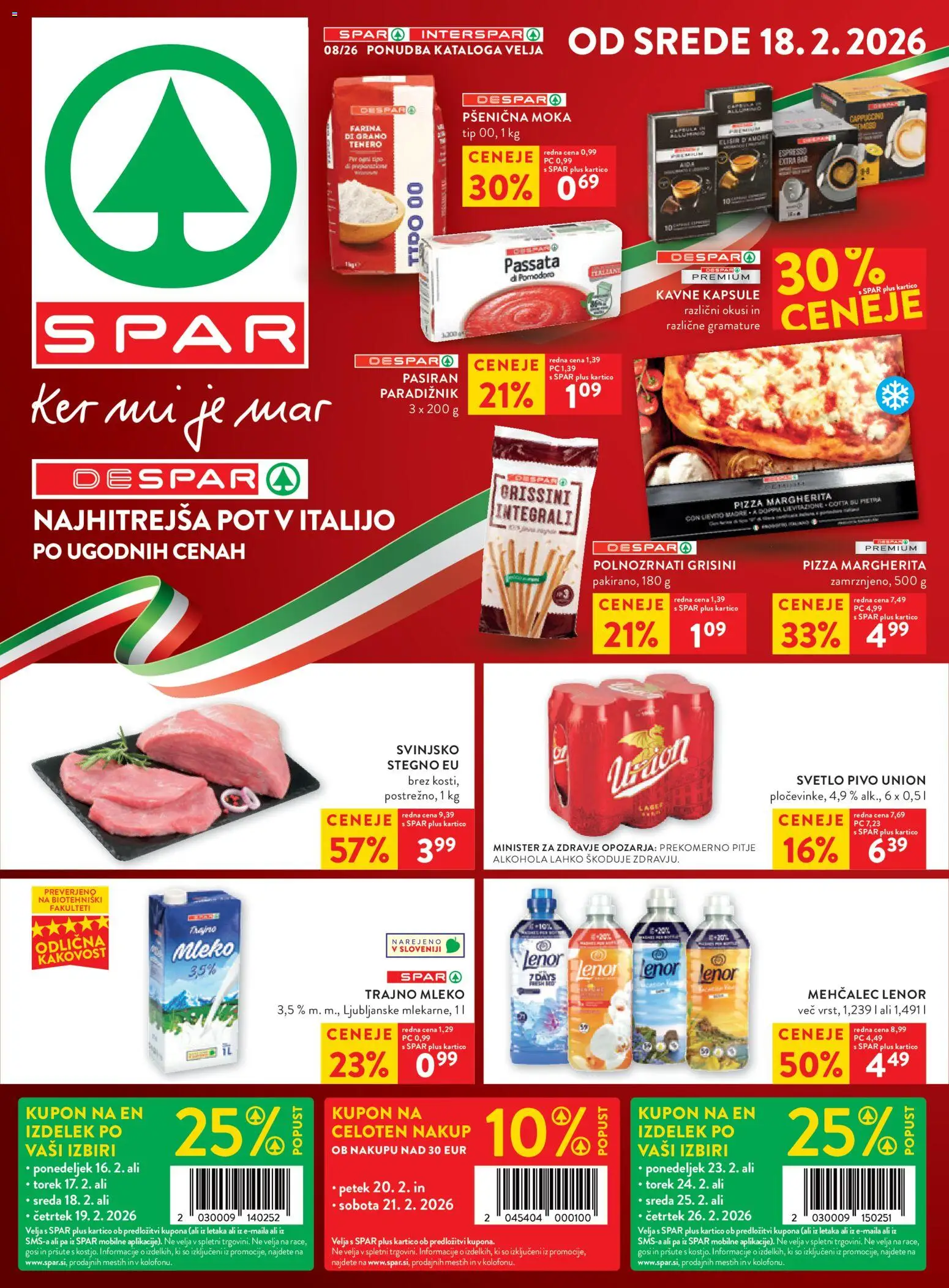 Predogled kataloga iz trgovine Spar veljaven od 18.02.2026 - Moka, Pivo, Mleko, Grisini, Mehčalec, Kavne kapsule, Paradiznik, Trajno mleko