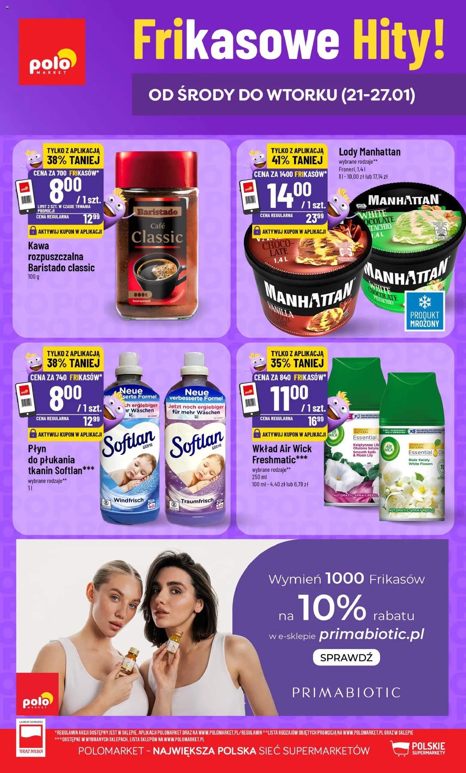 Pogląd gazetki "Frikasowe Hity" ze sklepu POLOmarket ważnej od 21.01.2026 - Lody, Kawa, Kwiaty, Air Wick, Lody manhattan