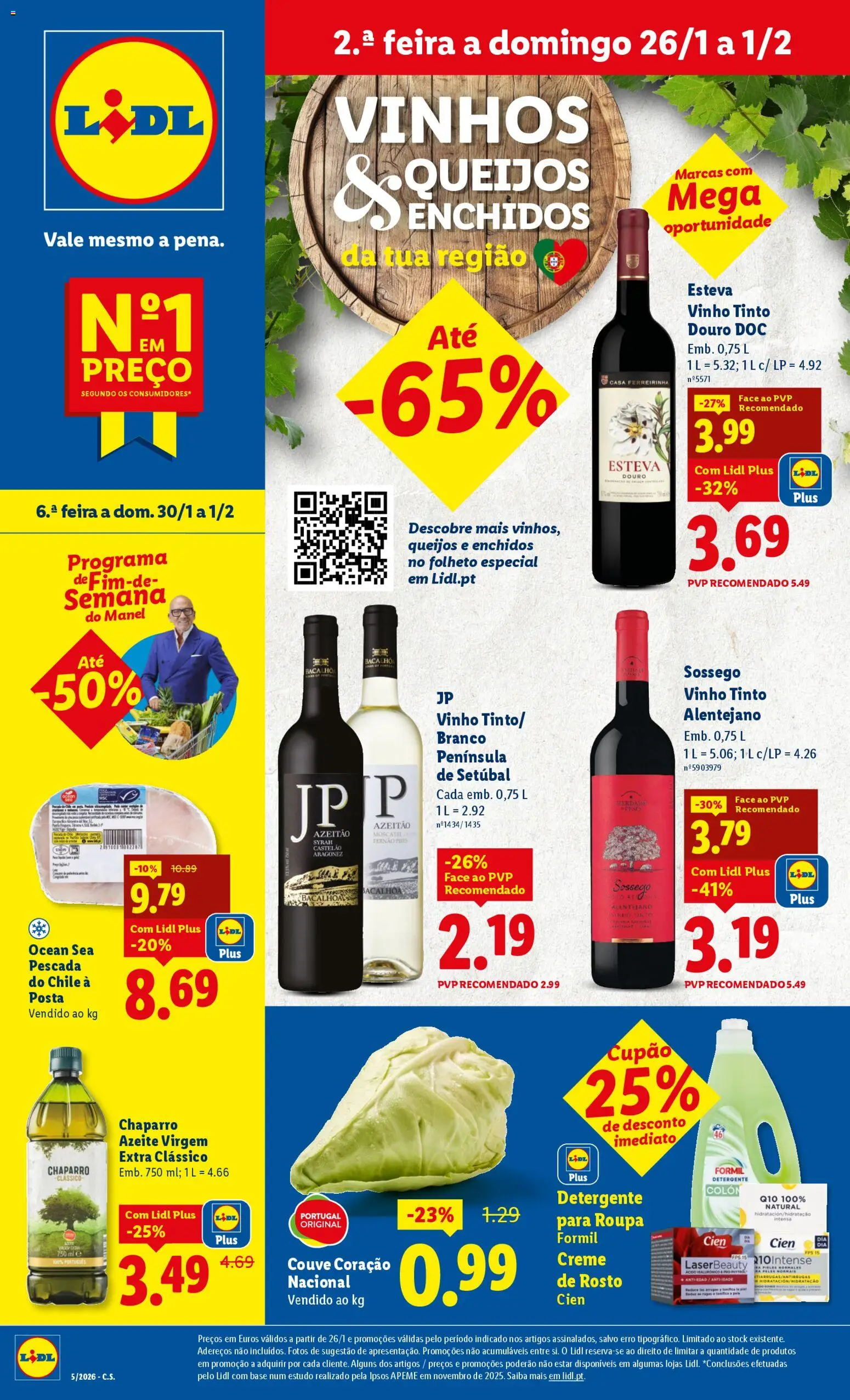 Pré-visualização do folheto da loja Lidl válida a partir de 26/01/2026 - Azeite, Vinho, Base, Couve, Creme, Pescada, Detergente, Azeite virgem extra