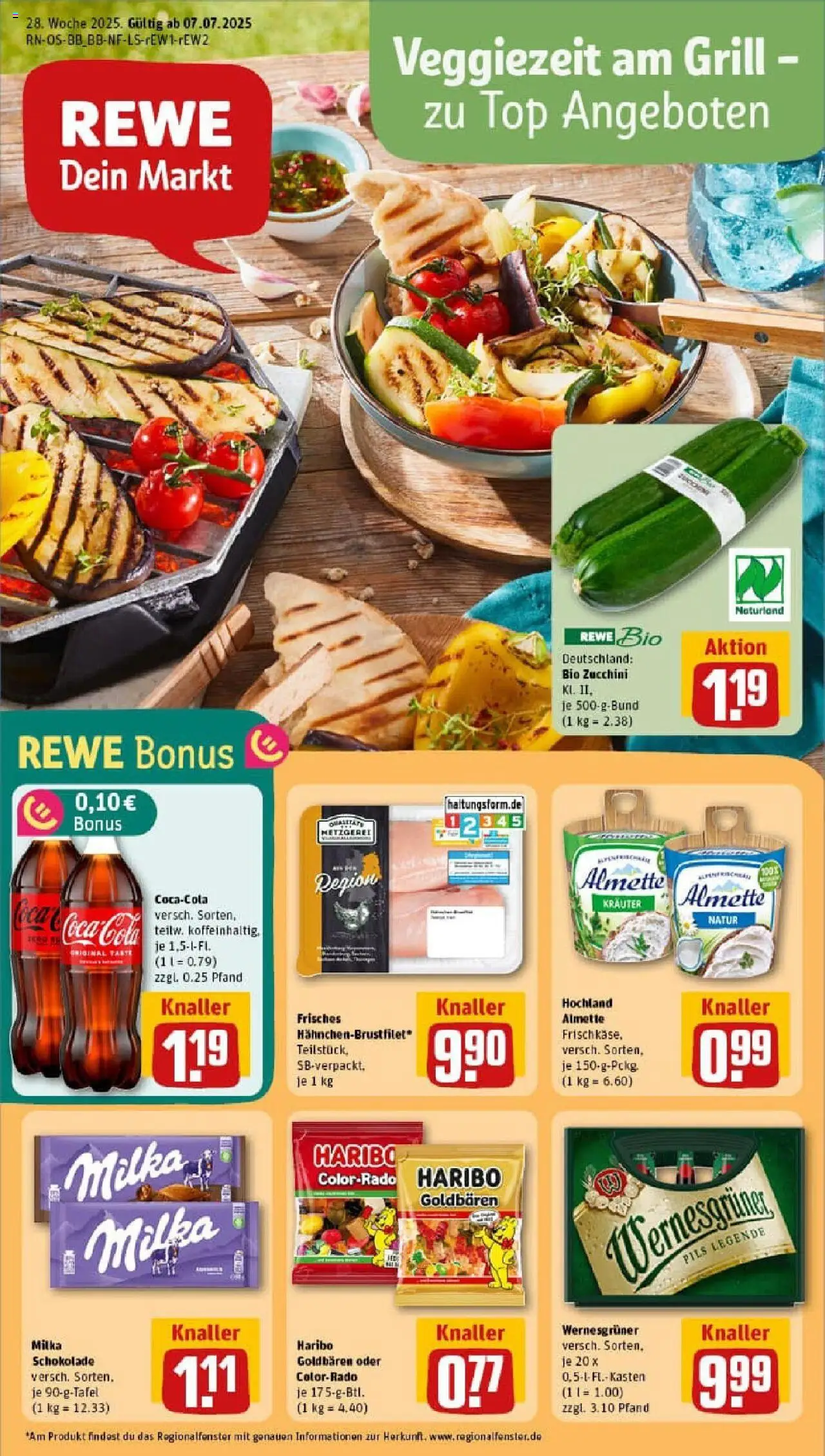 REWE Prospekt ab 06.07.2025 nächste Woche - Prospekt Berlin / Prenzlauer Berg - Schokolade, Haribo, Zucchini, Cola, Top, Milka, Pils, Wernesgruner
