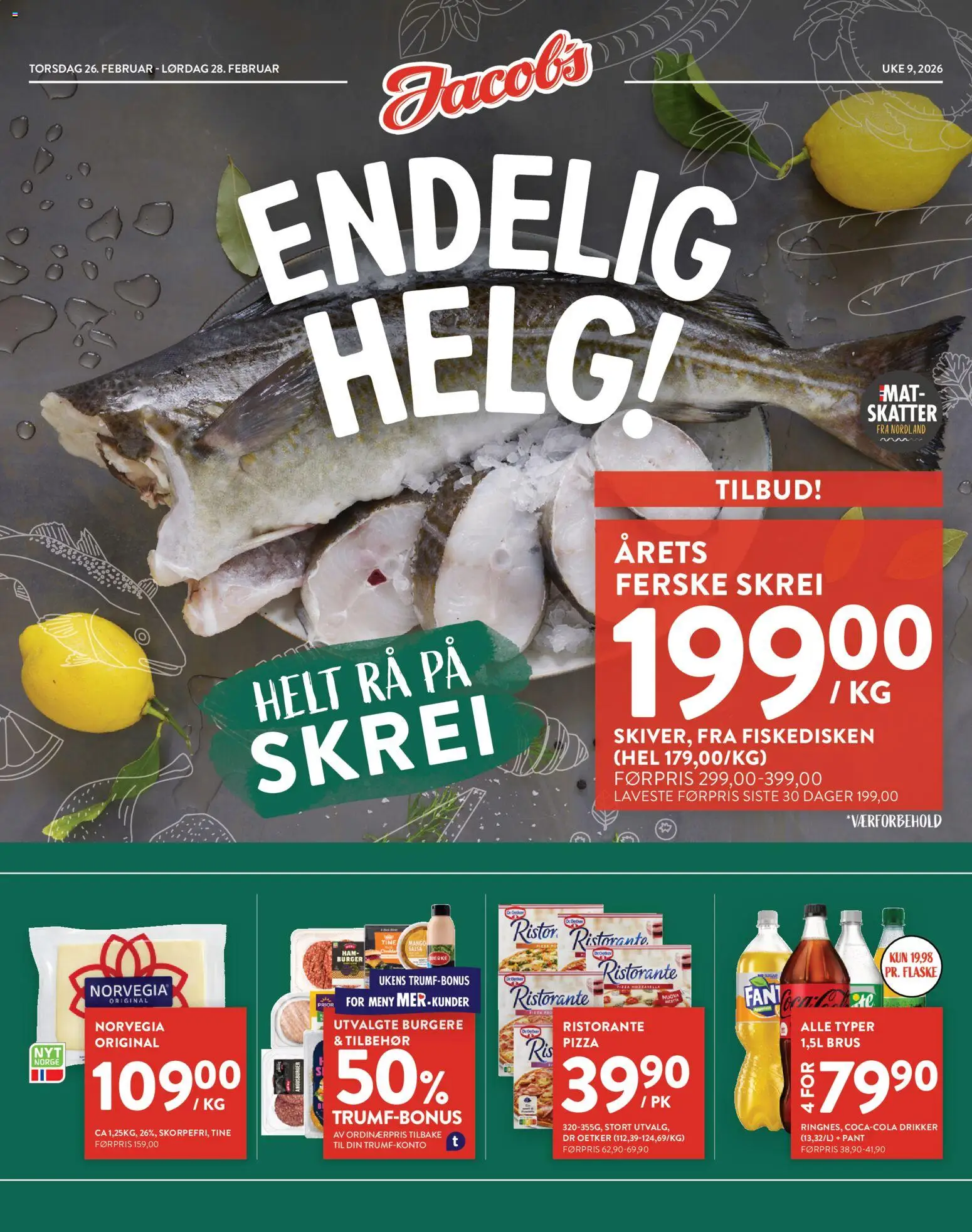 Forhåndsvis Kundeavis fra butikk Jacobs gyldig fra 26/02/2026 - Pizza, Brus, 1, Mango, Mozzarella