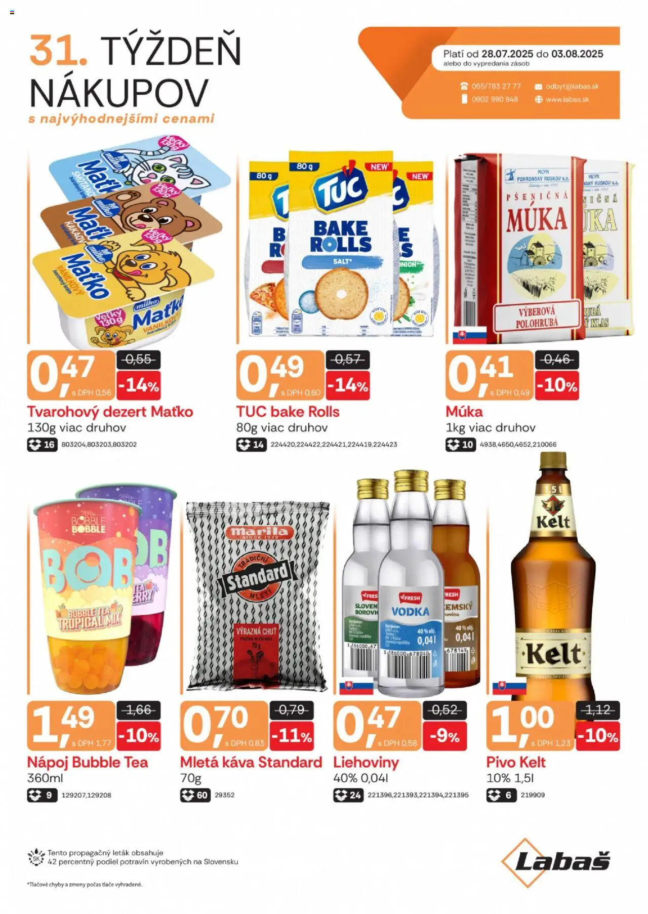 Labaš Leták (28.07. - 03.08.2025) - Akčná ponuka - Káva, Pivo, Vodka, Kelt, Múka, Krém