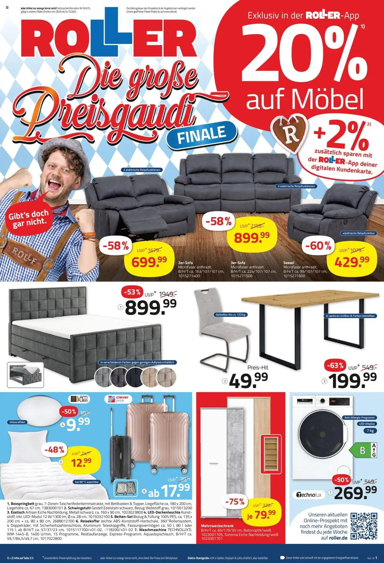 Roller Prospekt (vom 28.09.2025 - 04.10.2025) - Waschmaschine, Boxspringbett, Esstisch, Sessel, Bettenset