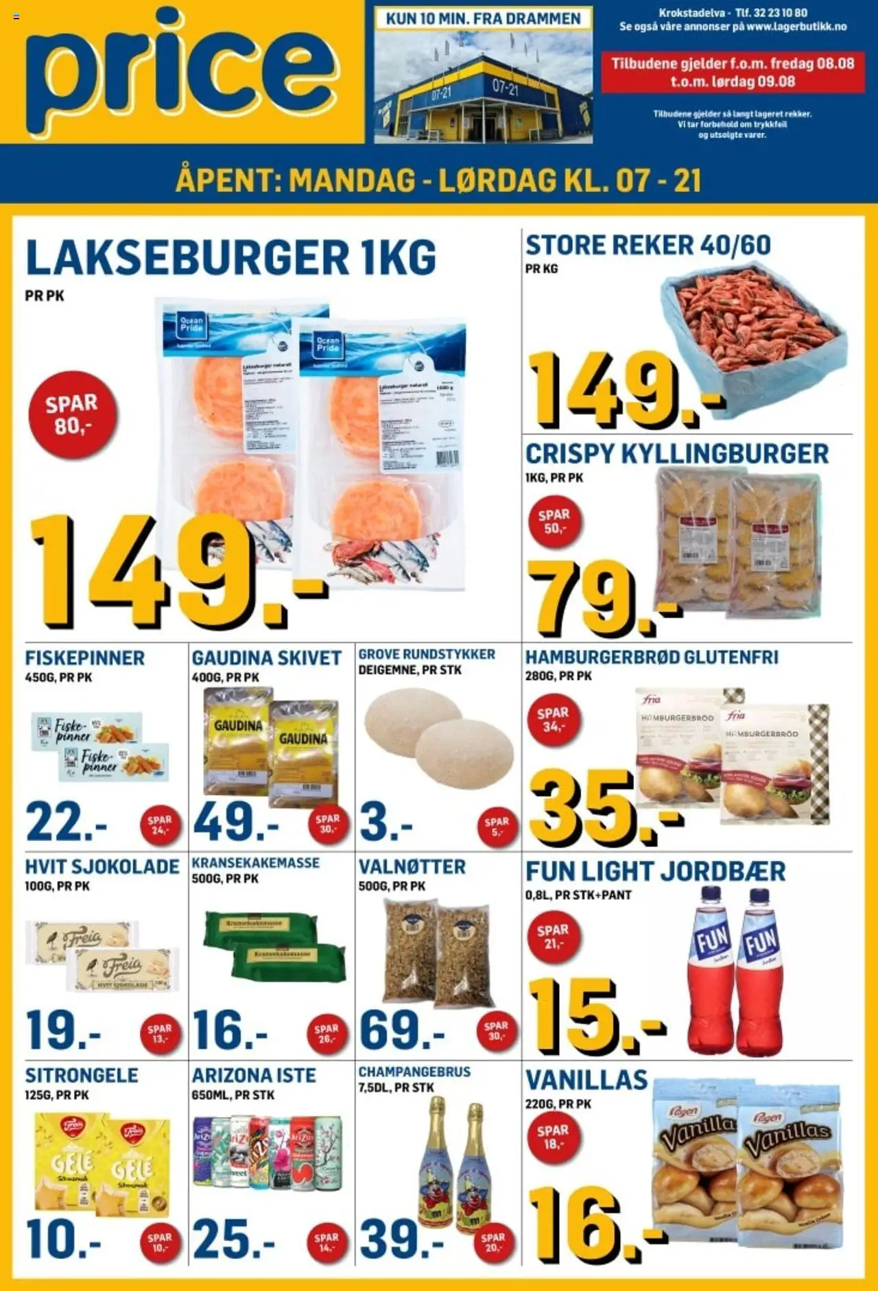 Kundeavis Price Lagerbutikk gyldig fra 08/08/2025 - Sidenummer 1 - Kyllingburger, Grove rundstykker, Sjokolade, Crispy kyllingburger, Rundstykker, Hamburgerbrød, Iste, Valnøtter