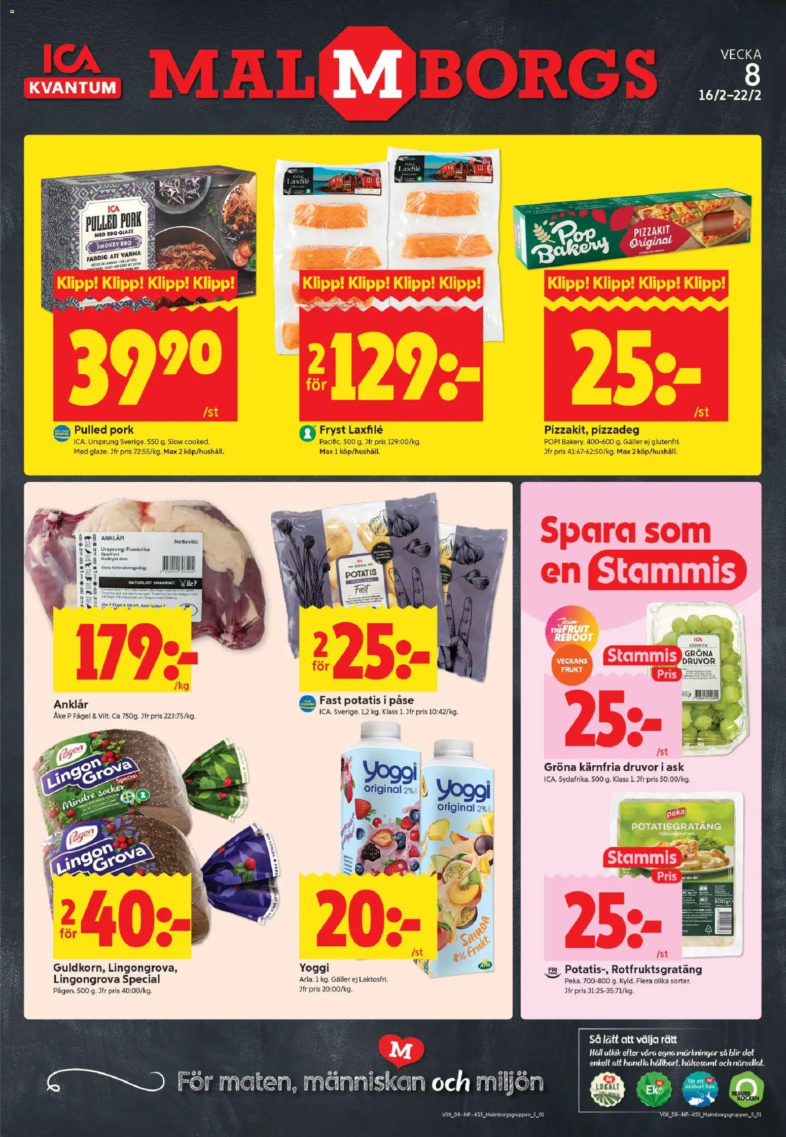 Förhandsgranska reklamblad Malmö från butik ICA Kvantum gäller från 16/02/2026 - Pulled pork, Vin, Potatis, Galler, Lingongrova, Socker, Pizzakit, Yoggi