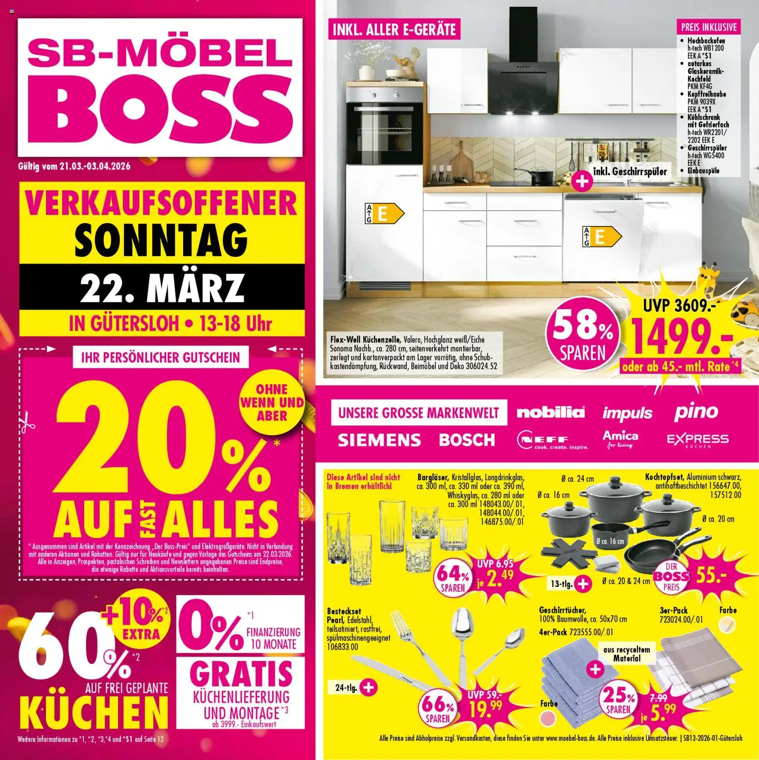 Vorschau von dem Prospekt des Geschäftes SB Möbel Boss, gültig ab dem 21.03.2026 - Uhr, Bosch, Kühlschrank, Kuchen, Siemens, Geschirrspüler, Kochfeld