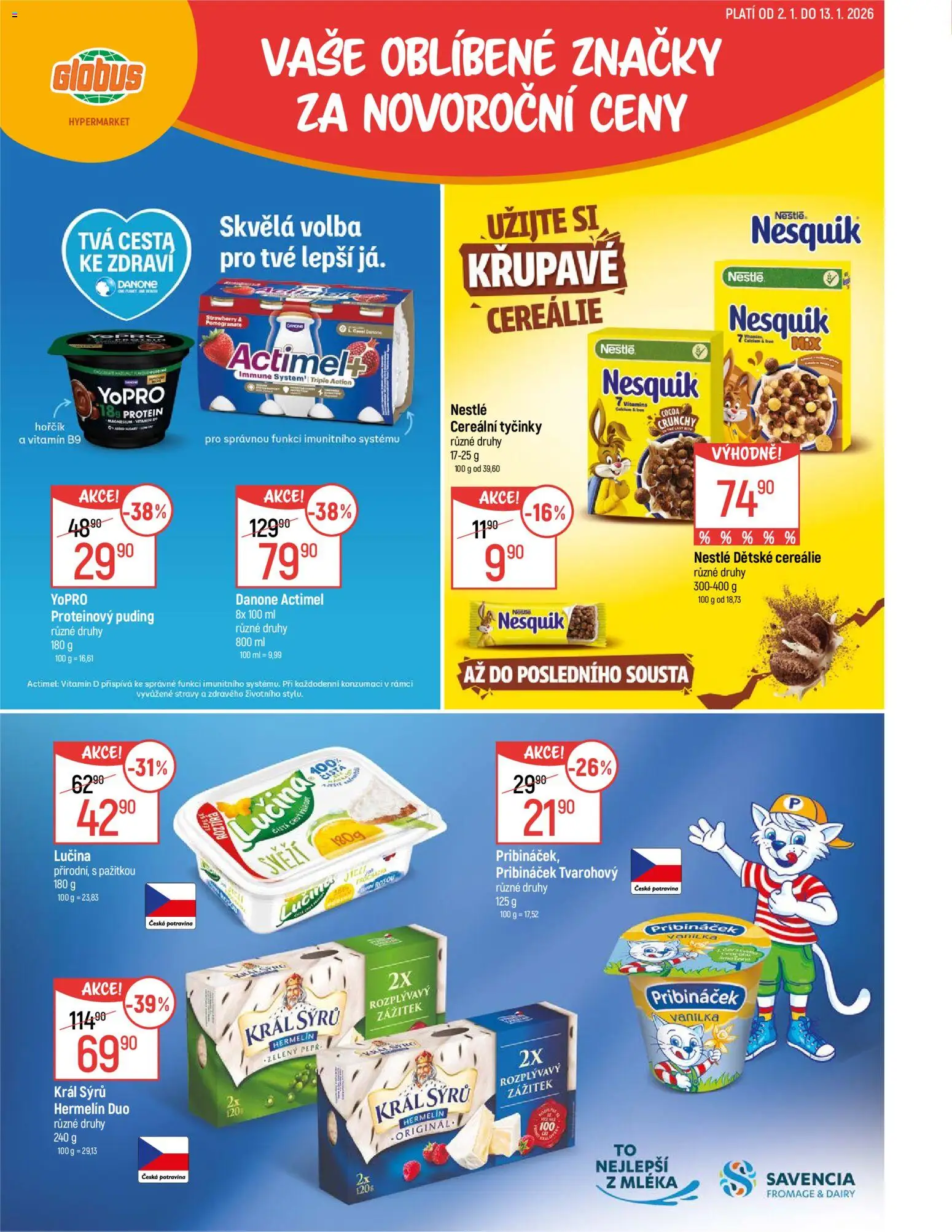 Náhled nabídky: Globus Opava platný od 02.01.2026 - Protein, Vitamin D, Hořčík, Pribináček, Vanilka, Nesquik, Puding, Cereálie