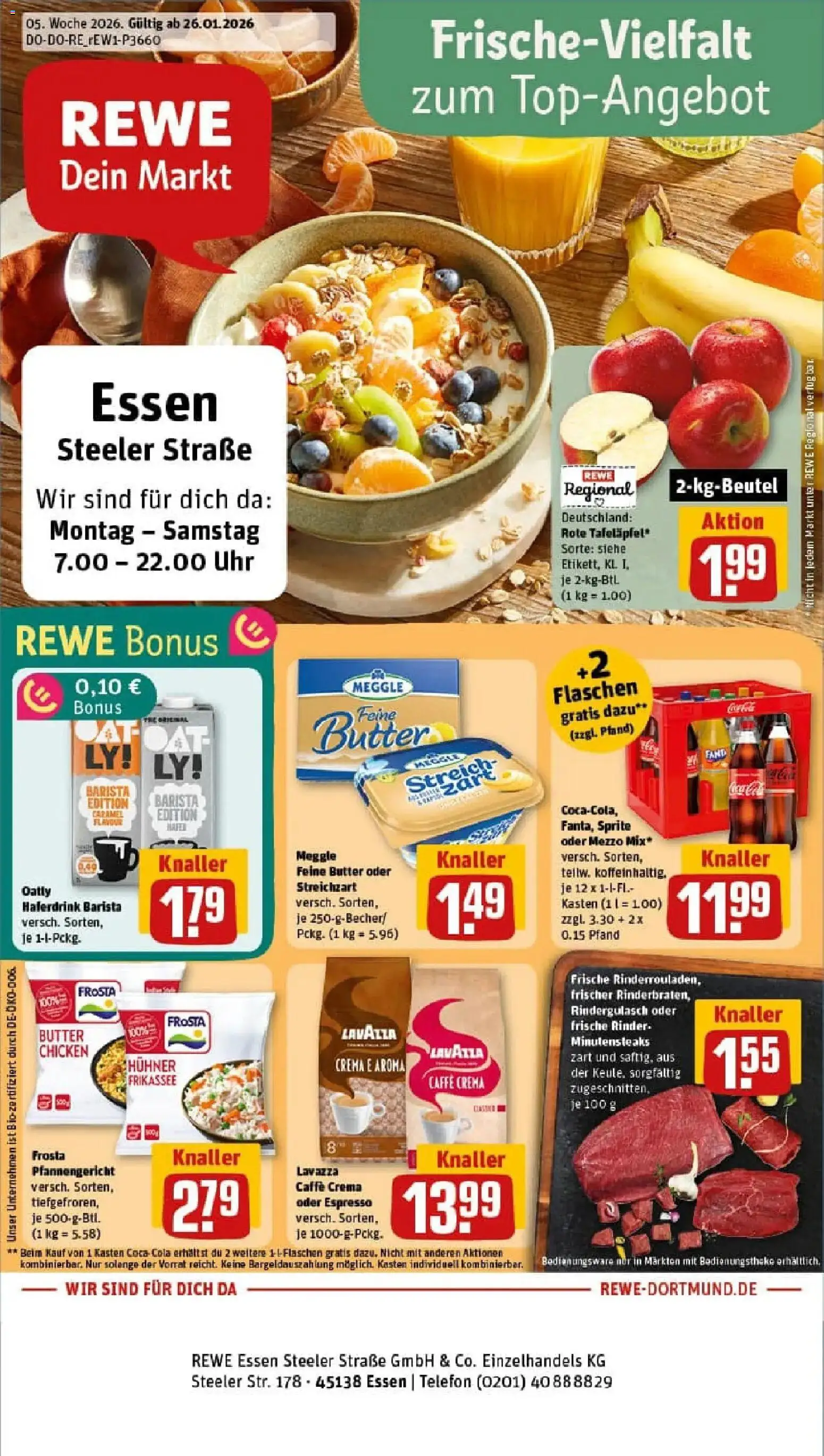 Vorschau von dem Prospekt des Geschäftes Rewe, gültig ab dem 26.01.2026 - Uhr, Telefon, Butter, Rindergulasch, Lavazza, Frosta, Oatly, Haferdrink