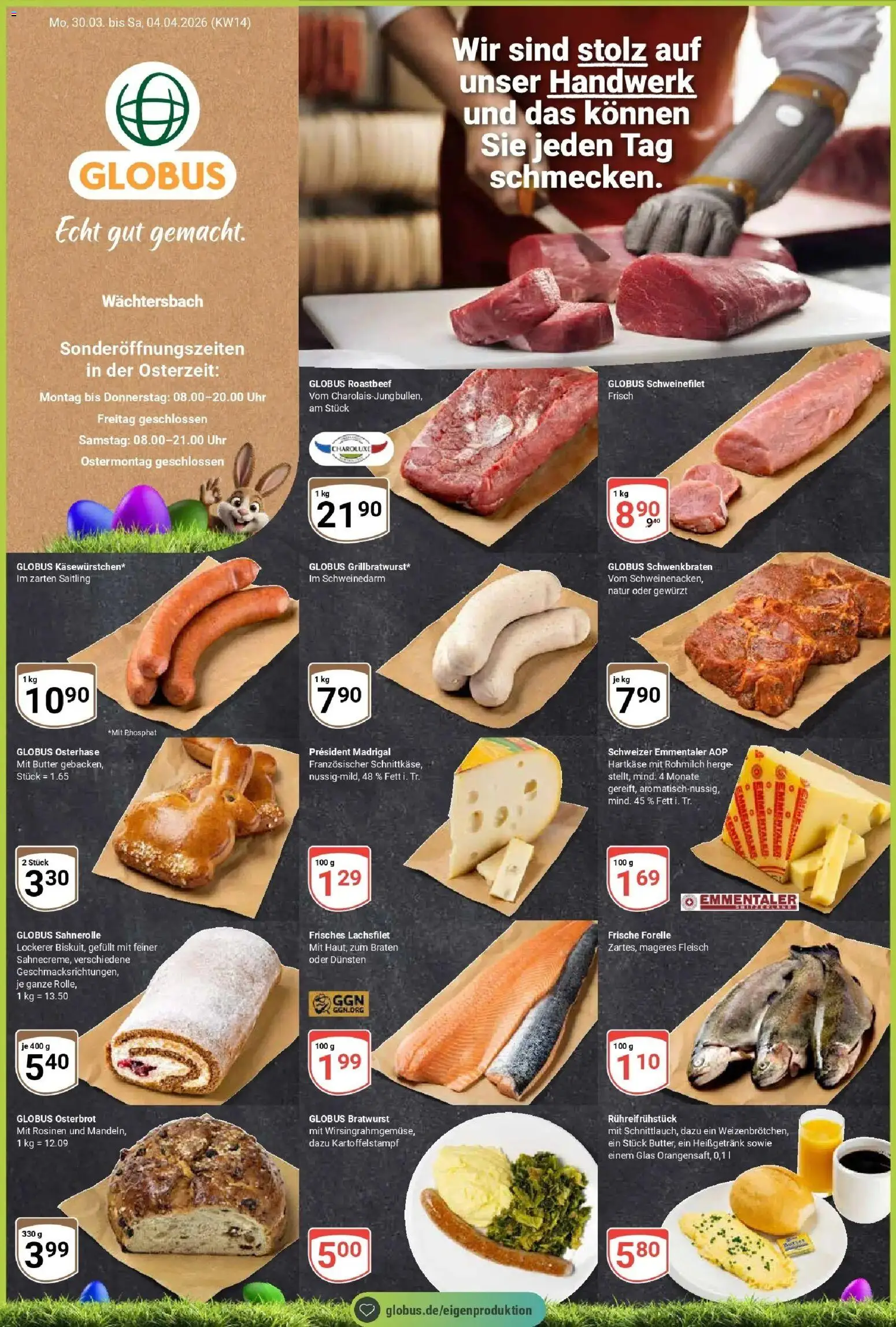 Vorschau von dem Prospekt des Geschäftes Globus, gültig ab dem 30.03.2026 - Uhr, Butter, Bratwurst, Roastbeef, Fleisch, Schweinefilet, Rosinen
