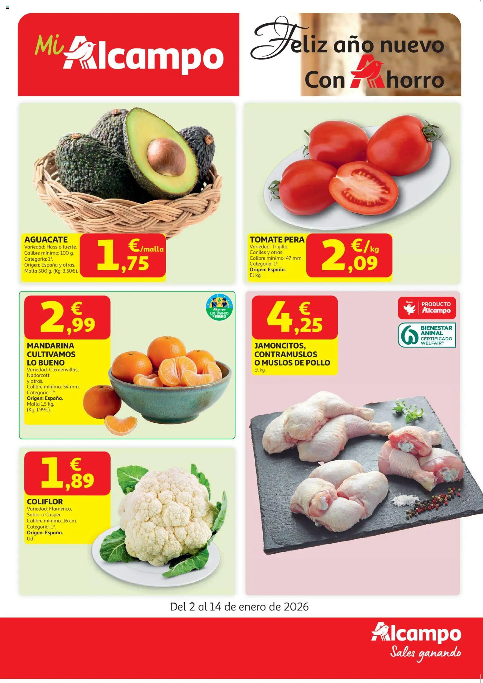 Vista previa del folleto de la tienda Alcampo válido desde el 02/01/2026 - Aguacate, Tomate, Coliflor, Muslos de pollo, Pollo