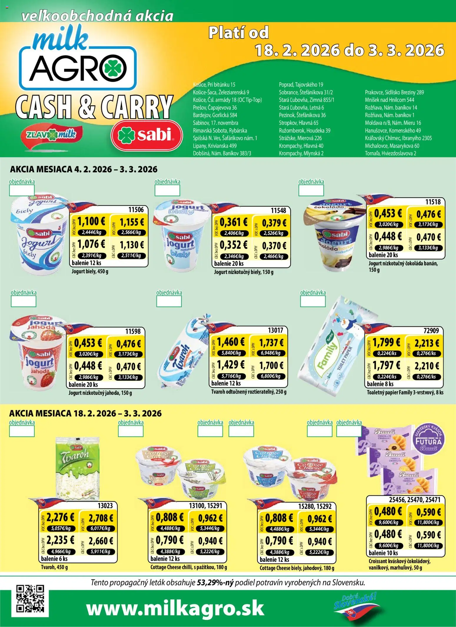 Náhľad Milk Agro letáku platného od 18.02.2026 - Čokoláda, Tvaroh, Croissant, Cottage cheese, Toaletný papier, Jogurt