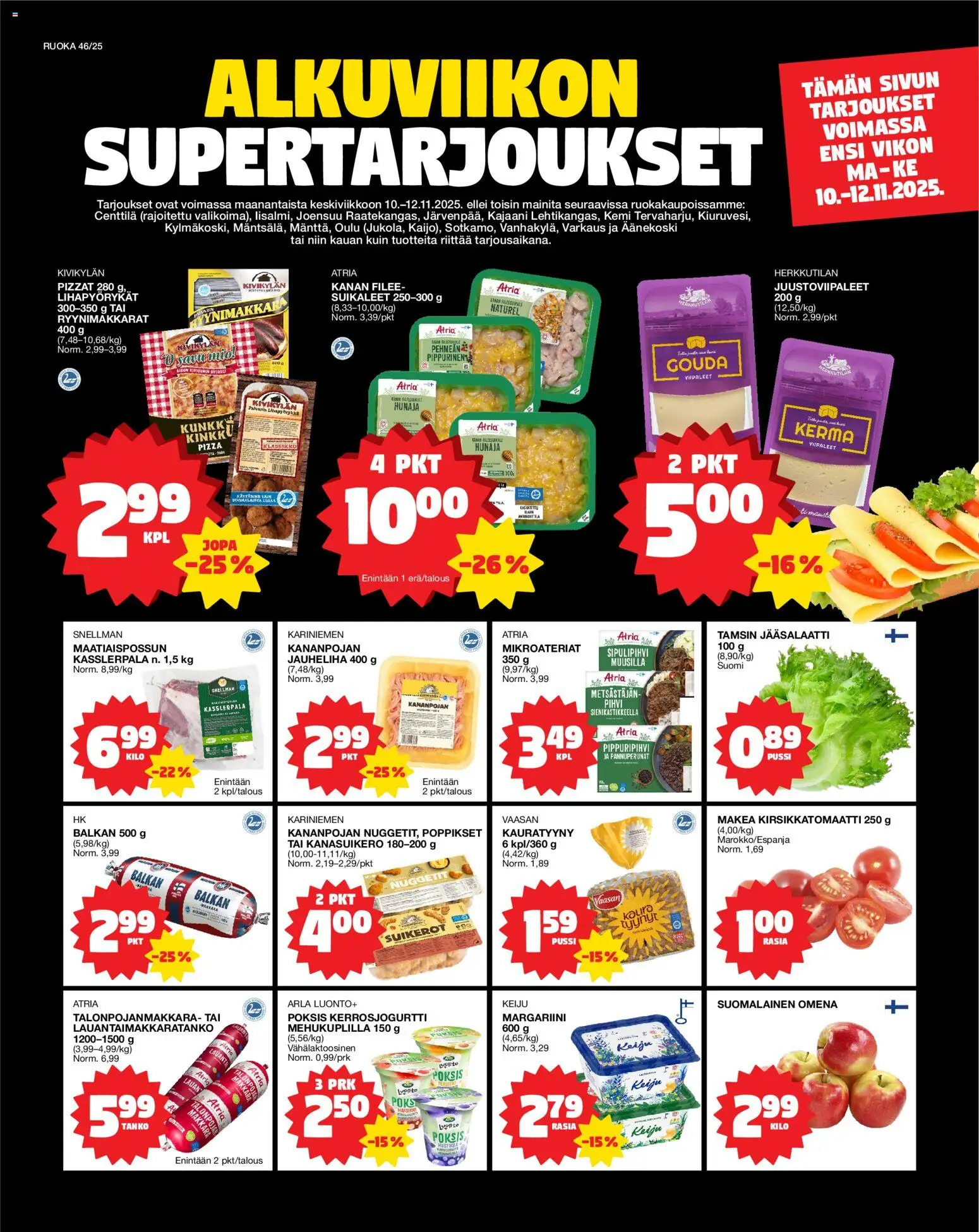 Kaupan Tokmanni Ruokatarjoukset esikatselu, voimassa 10/11/2025 - Jauheliha, Makkara, Kinkku, Margariini, Pihvi, Kerma, Kirsikkatomaatti, Tyynyt