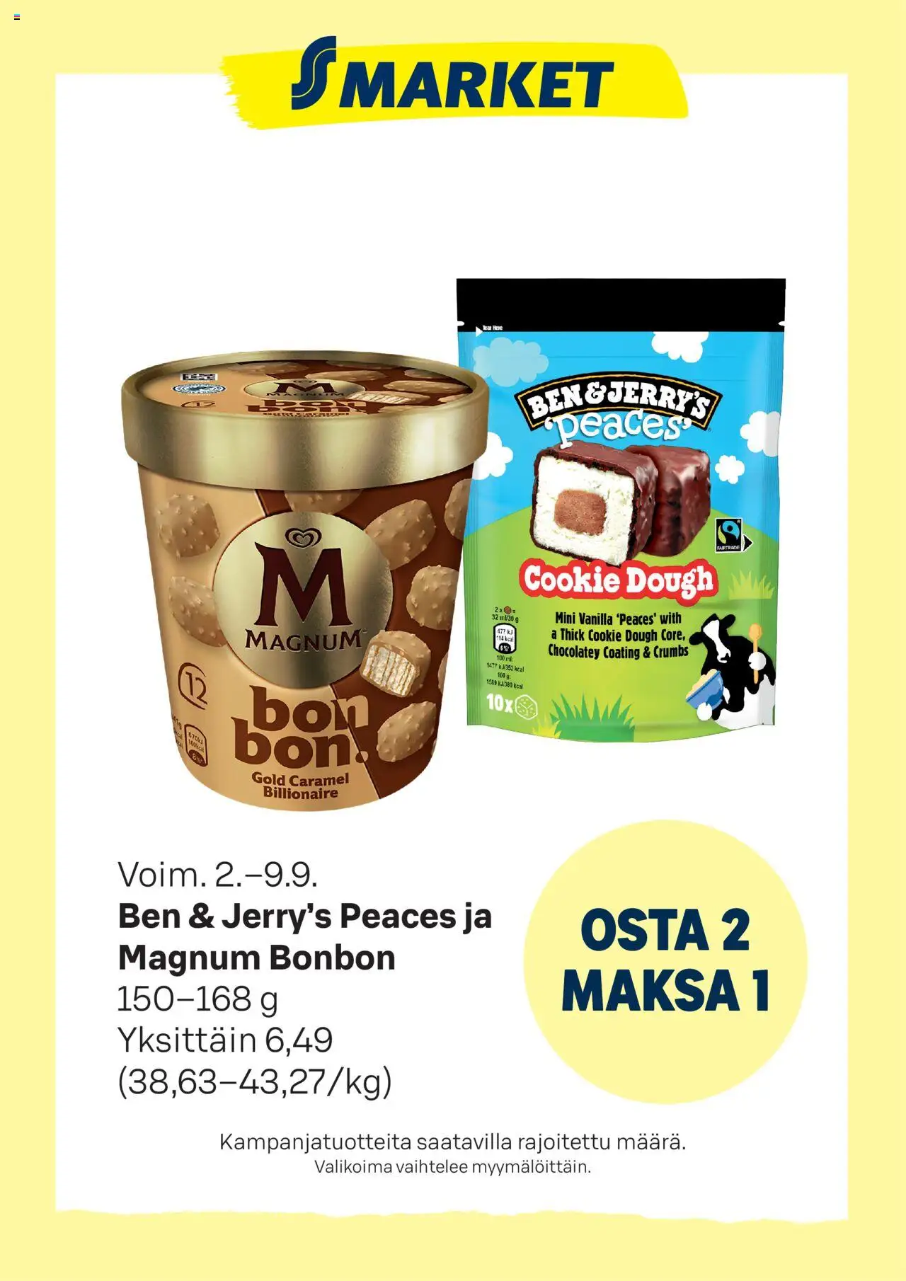S-market-kaupan Tarjoukset Ben & Jerry’s Peaces ja Magnum Bonbon voimassa 02/09/2025 - Sivulla 1