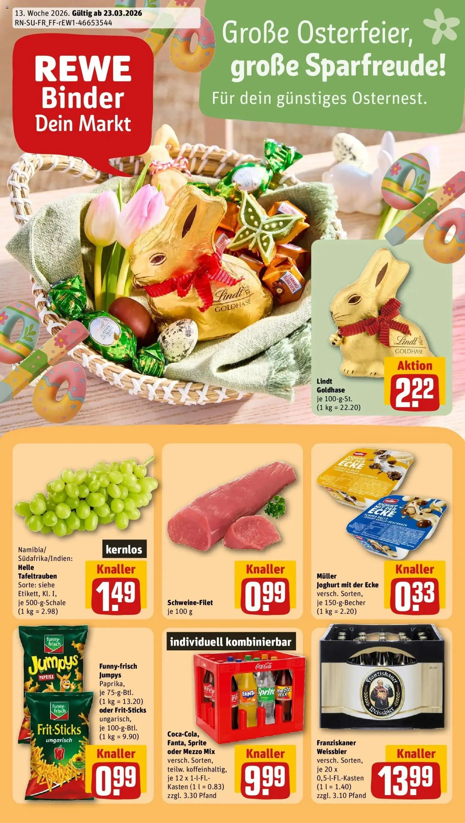Vorschau von dem Prospekt des Geschäftes Rewe, gültig ab dem 23.03.2026 - Chips, Lindt, Joghurt, Paprika, Funny frisch, Mezzo mix, Weißbier, Oder mezzo mix