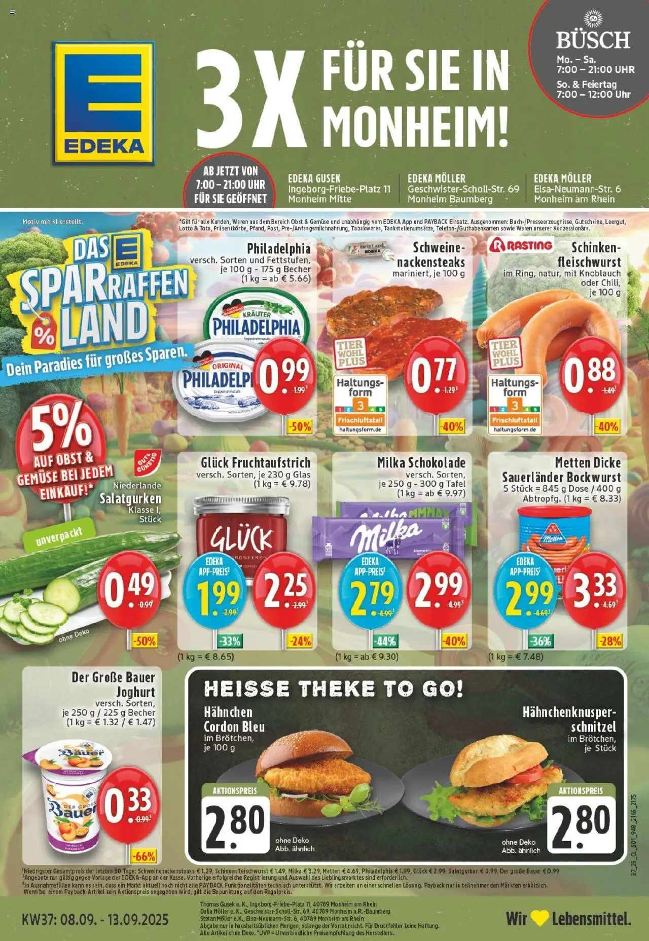 EDEKA Prospekt ab 07.09.2025 - Prospekt Monheim-Baumberg Online - Gemüse, Milka schokolade, Obst, Schinken, Theke, Bauer joghurt, Hahnchen, Nackensteaks