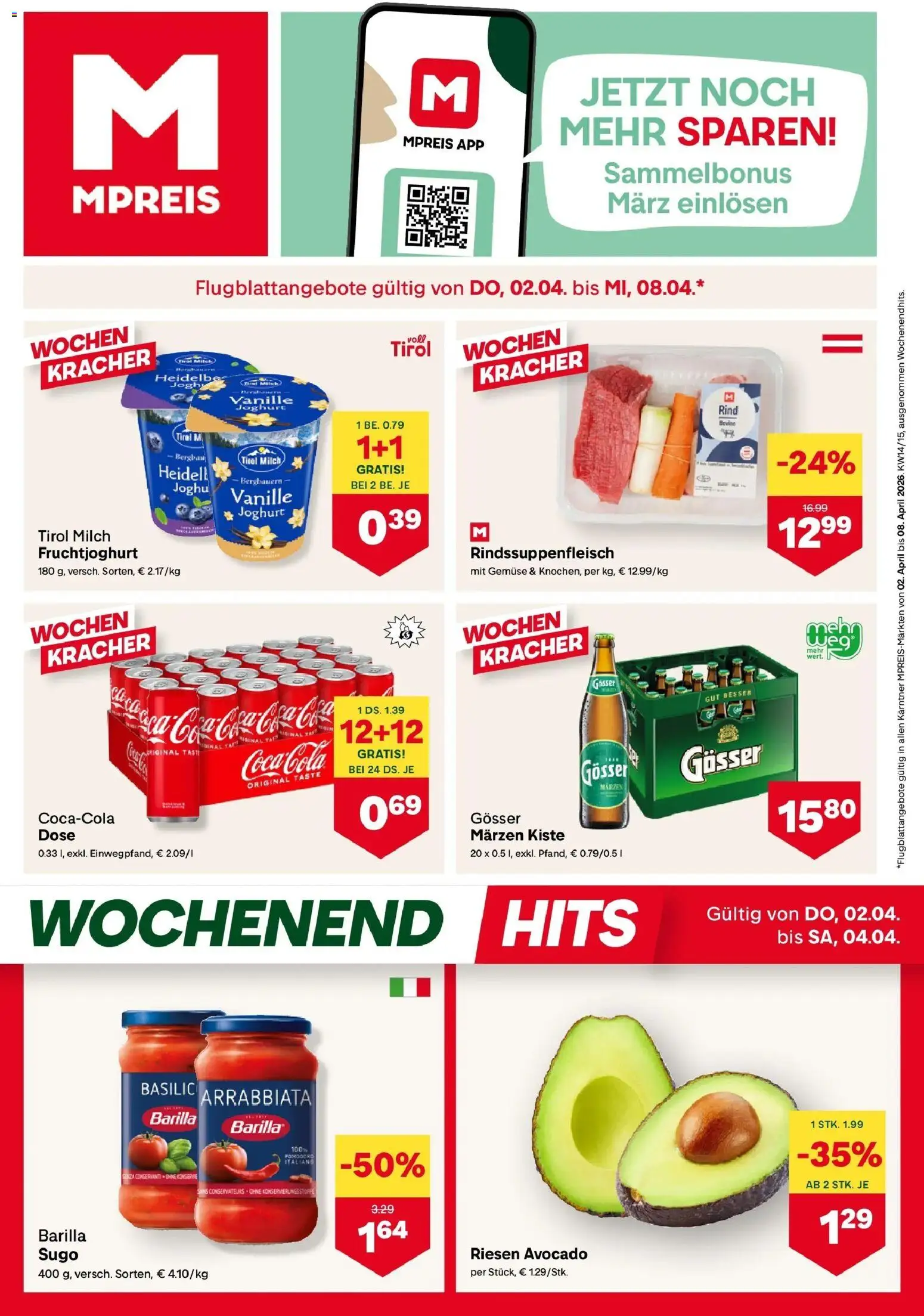 Vorschau der Angebote: MPREIS MPREIS Velden gültig ab 02.04.2026 - Avocado, Gemüse, Milch, Joghurt, Barilla, Vanille