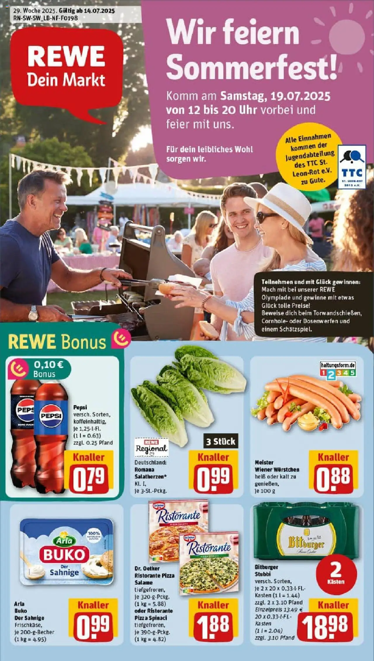 REWE Prospekt ab 13.07.2025 nächste Woche - Prospekt St. Leon-Rot - Pizza, Burger, Uhr, Ristorante, Bitburger, Pepsi, Arla buko, Wiener wurstchen